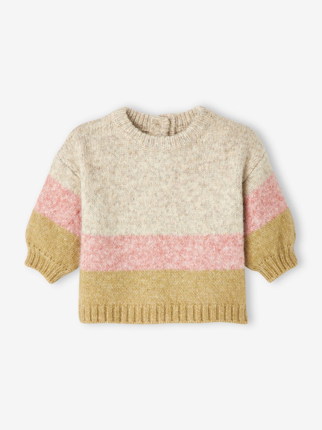Pull tricot rayures larges bébé beige rosé