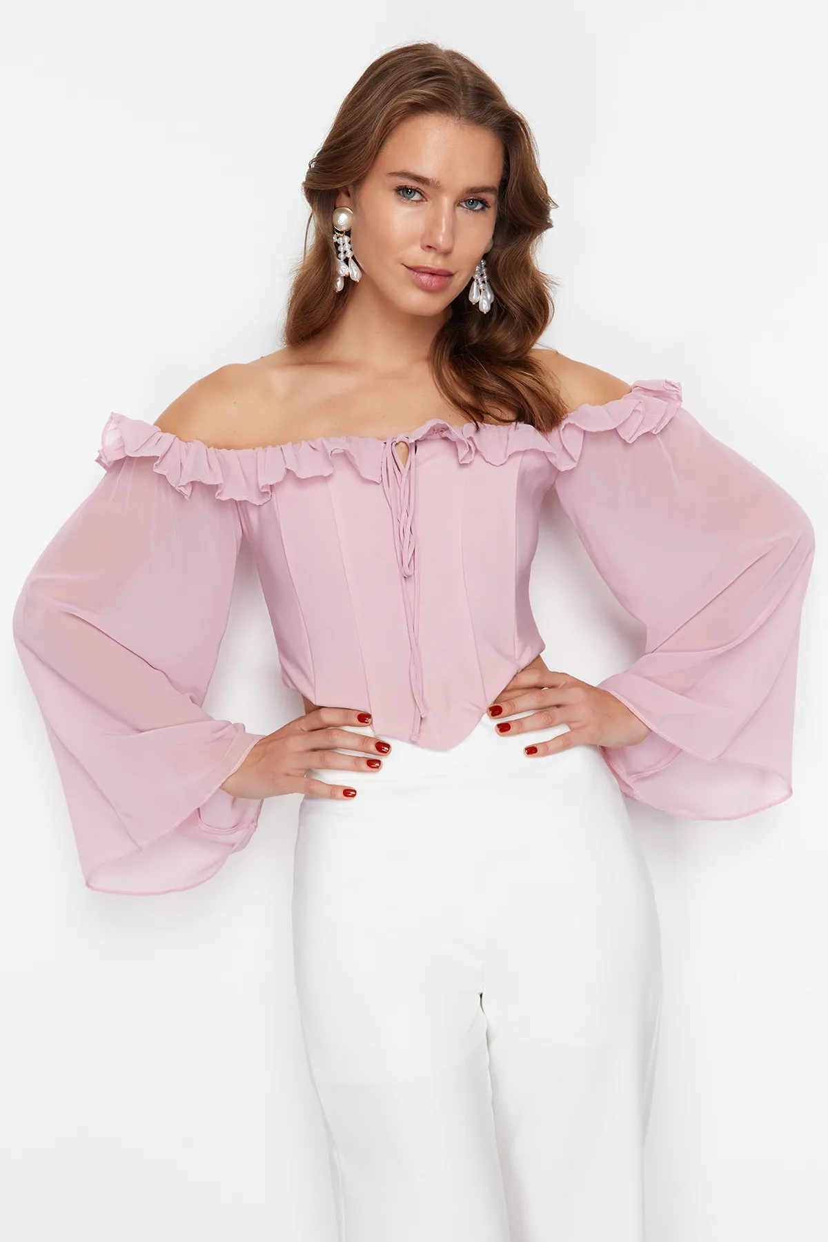 Trendyol Collection  Chiffon-Bustier – Korsett-Detail mit getrockneten Rosen, TPRSS24BS00039