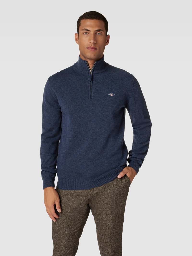 Strickpullover aus Wolle mit kurzem Reißverschluss in marineblau meliert