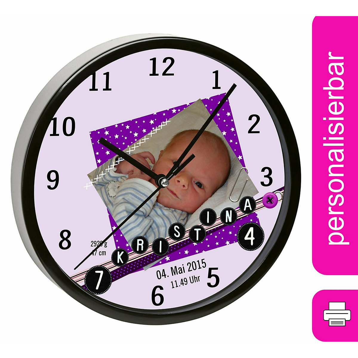 Kinder Wanduhr laufruhig personalisiert mit Name Scrapbooking lila