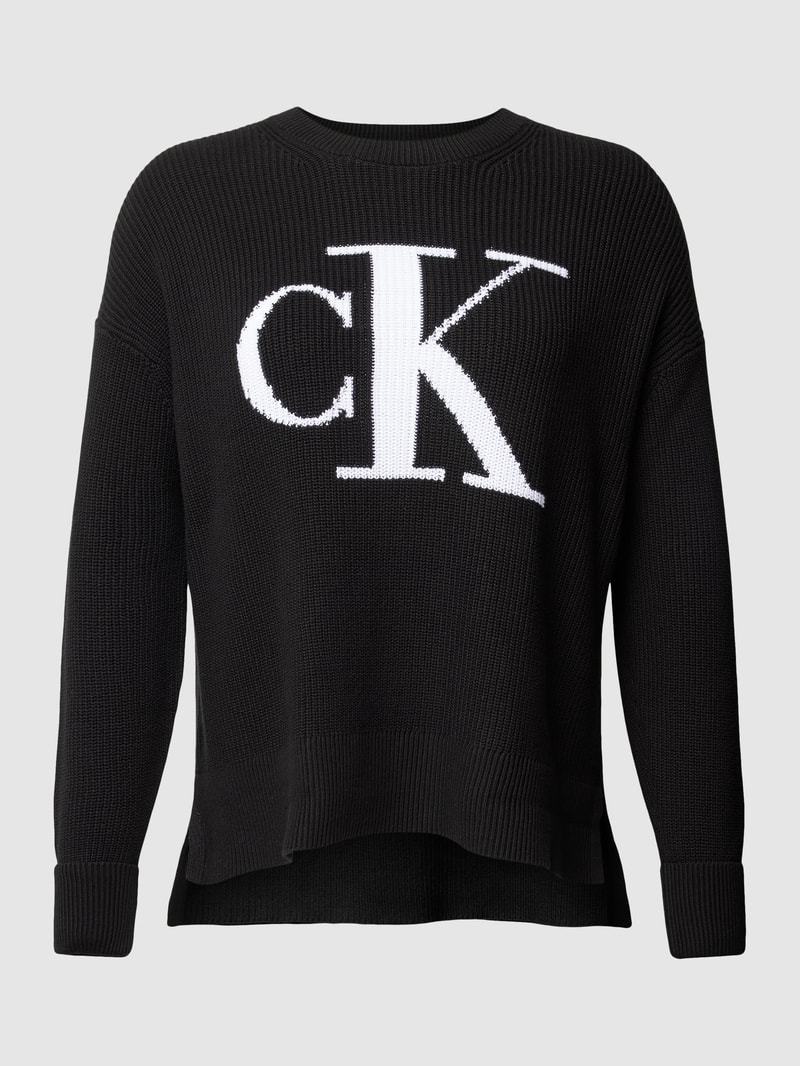 Loose Fit Strickpullover aus Baumwolle mit Label-Detail in black