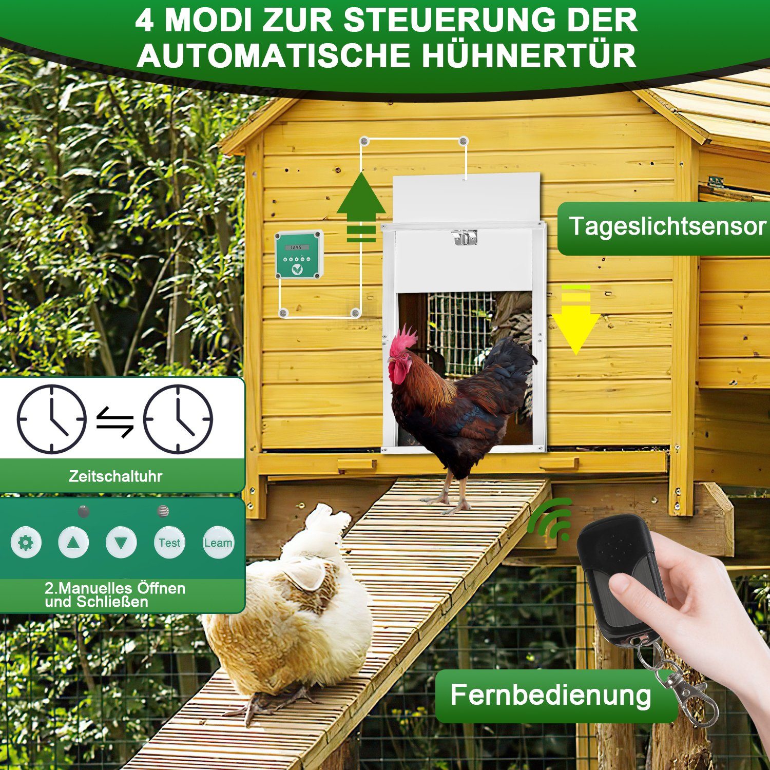 Lospitch Hühnerstall Automatische Hühnerklappe-Timer/Lichtsensor-automatische Verriegelung