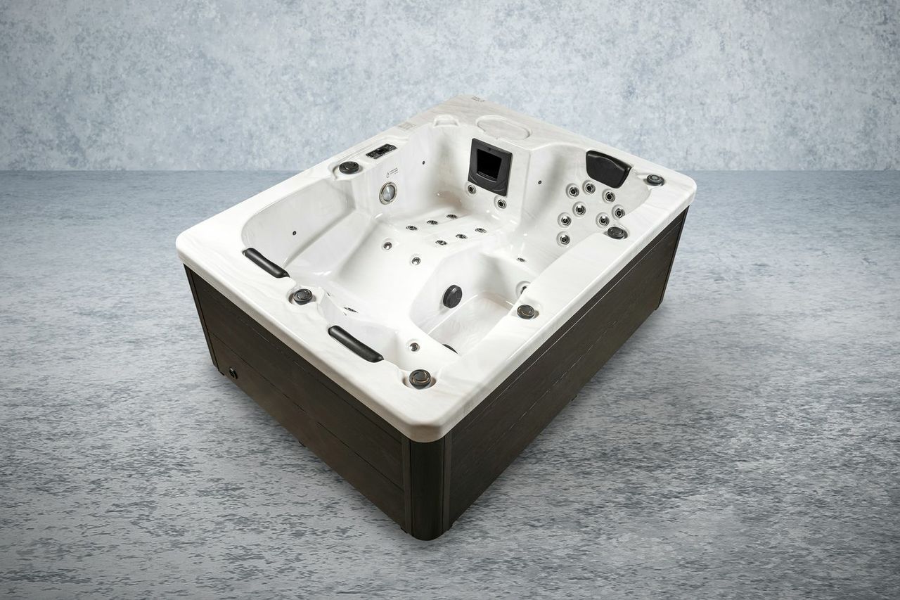 PureHaven American Outdoor-Whirlpool 210x160 cm für 3 Personen mit 33 Massagedüsen Heizung LEDs Thermoabdeckung Farbe Sterling Silber/Grau