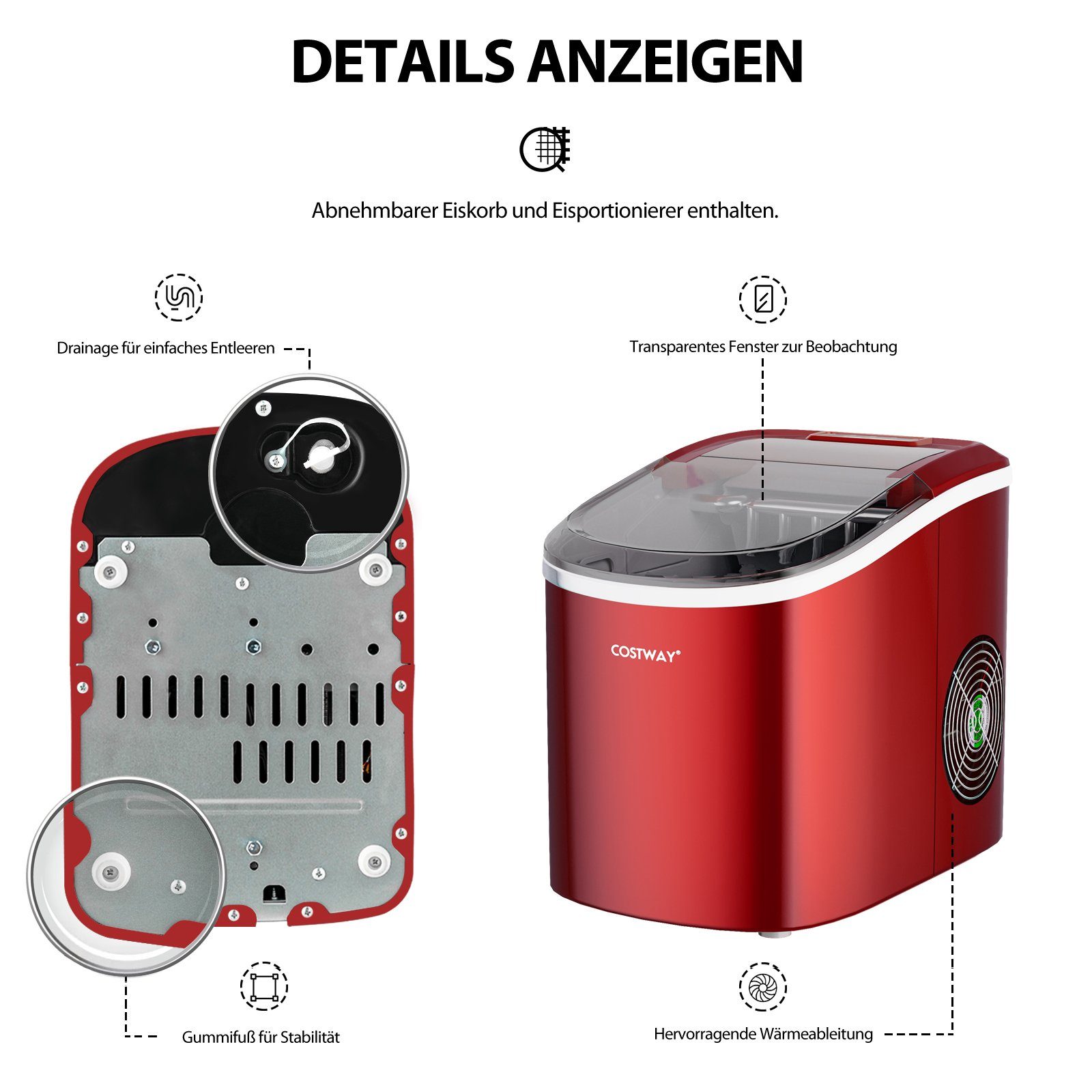 COSTWAY Eiswürfelmaschine, kugelförmige Eiswürfel, 2 Eisgrößen, 12 kg/24 H
