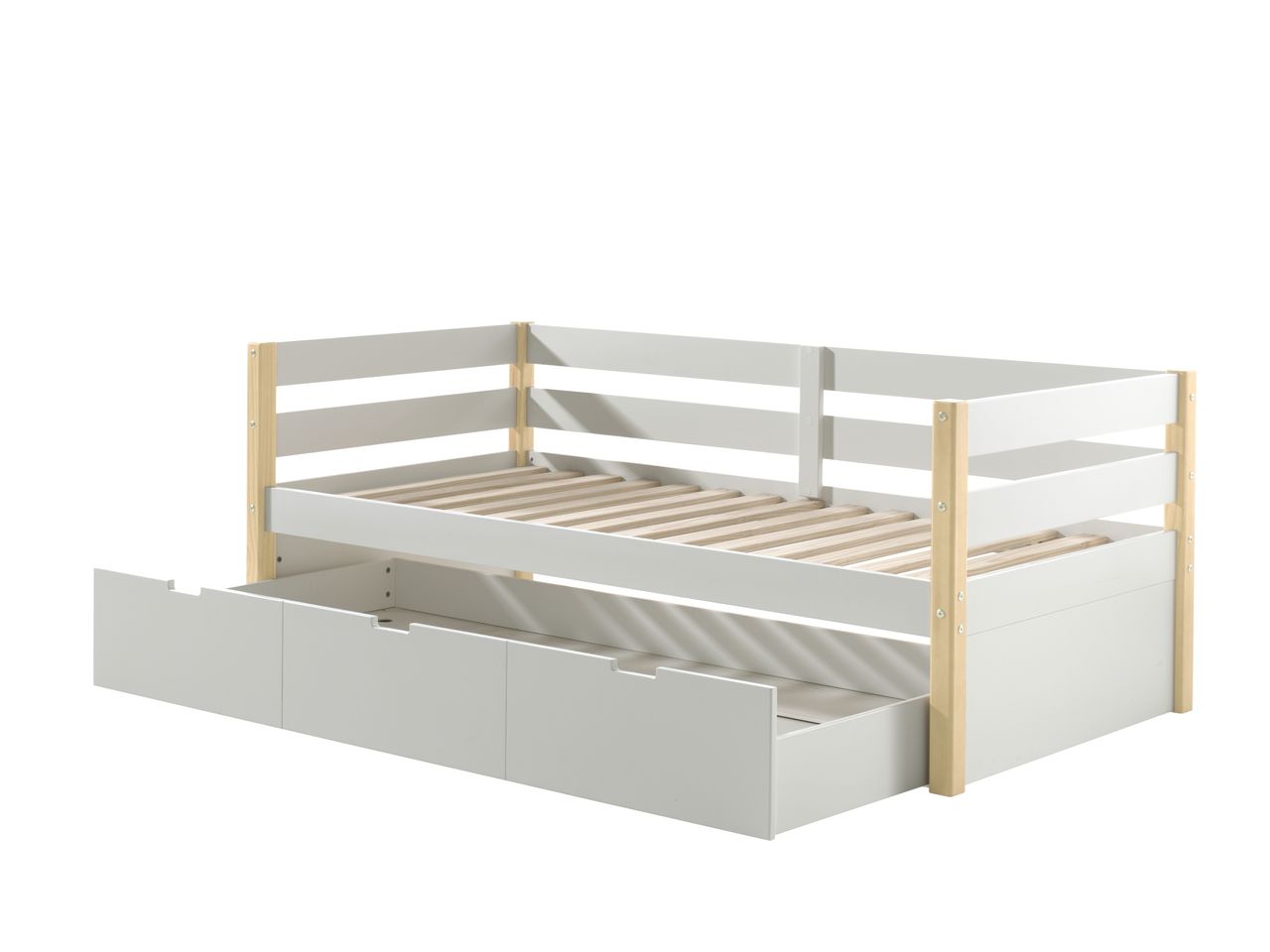 VIPACK Kojen Bett Margrit mit Umrandung u. Rolllattenrost, Liegefläche 90 x 200, inkl. Bettschublade auf Rollen, Ausf. Weiß lackiert, Bettpfosten Kiefer natur lackiert