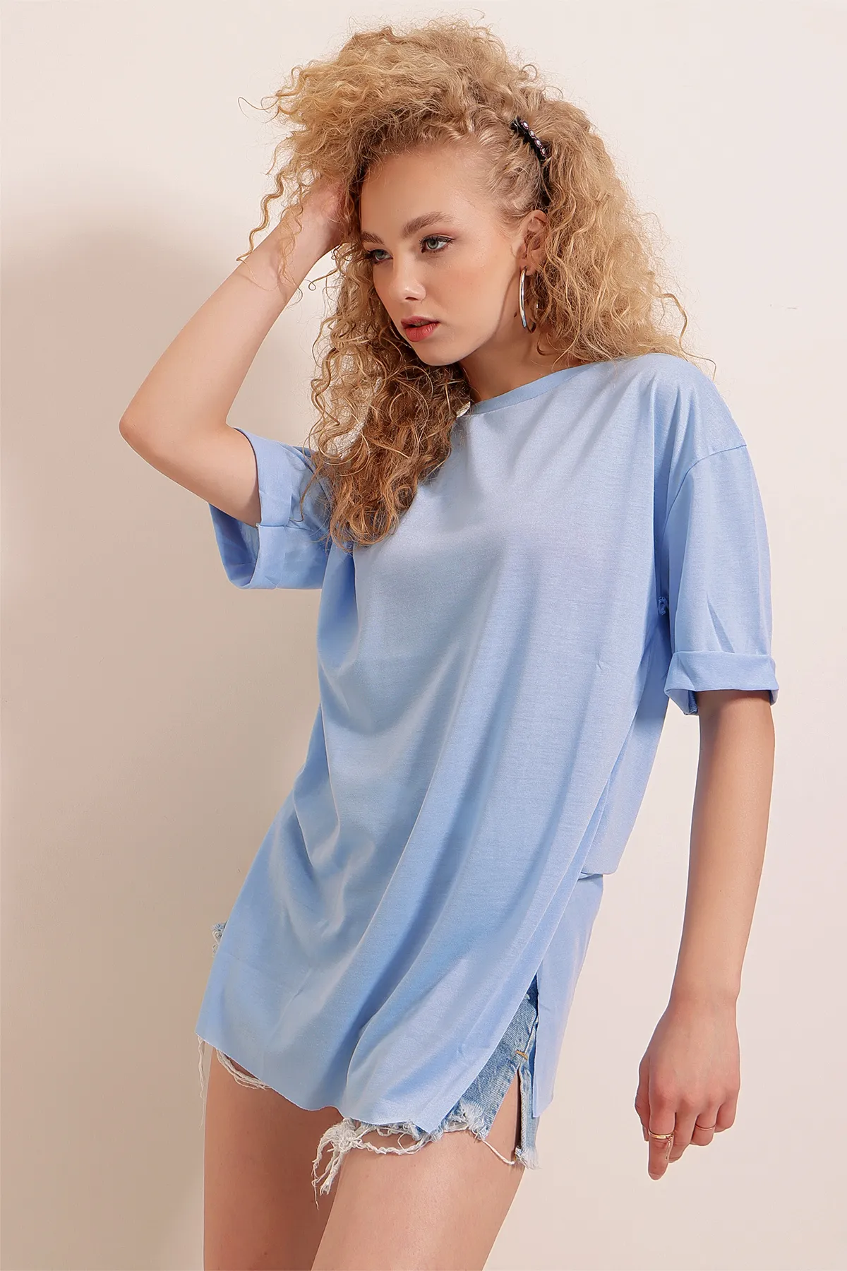 Bigdart  4123 Geschlitztes Oversize-T-Shirt – Türkis
