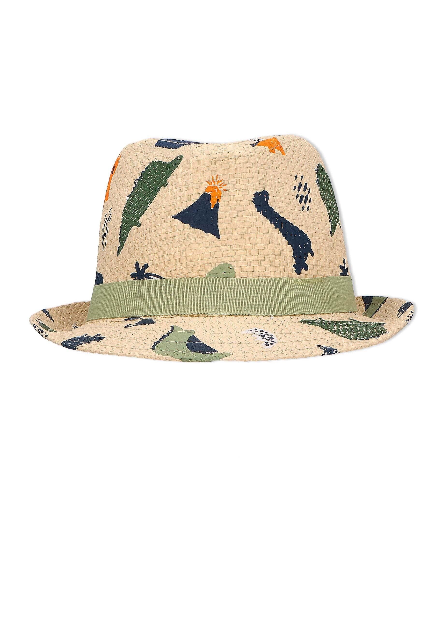 Strohhut bedruckt mit bunten Dinos, Farbe sand