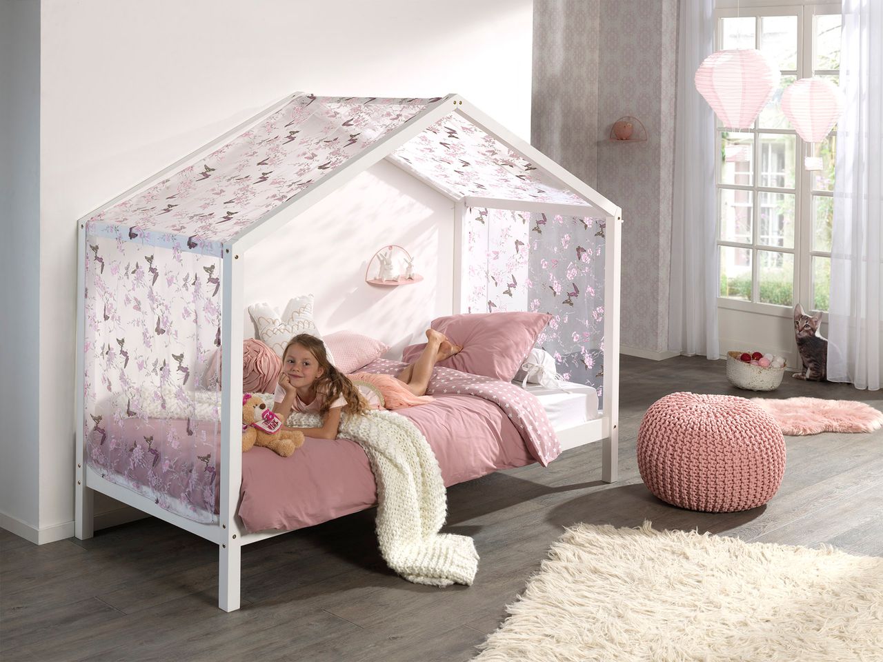 VIPACK Dallas 3 Hausbett 90 x 200 cm Liegefläche inkl. Textilhimmel, Weiß