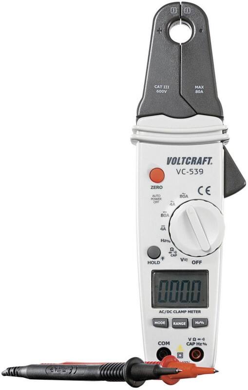 Voltcraft Strommesszange VC-539 Stromversorgung:  Test Typ: Spannung, Strom, Widerstand, Frequenz, Kapazität, Temperatur, Diode, Akustik