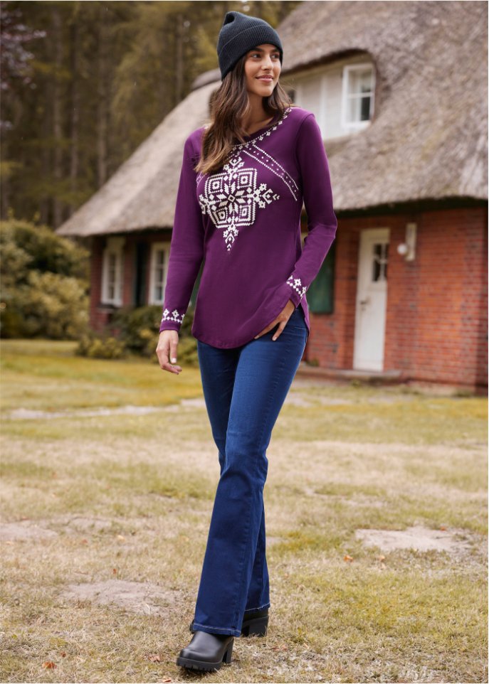 Baumwollripp-Langarmshirt mit Norwegermotiv