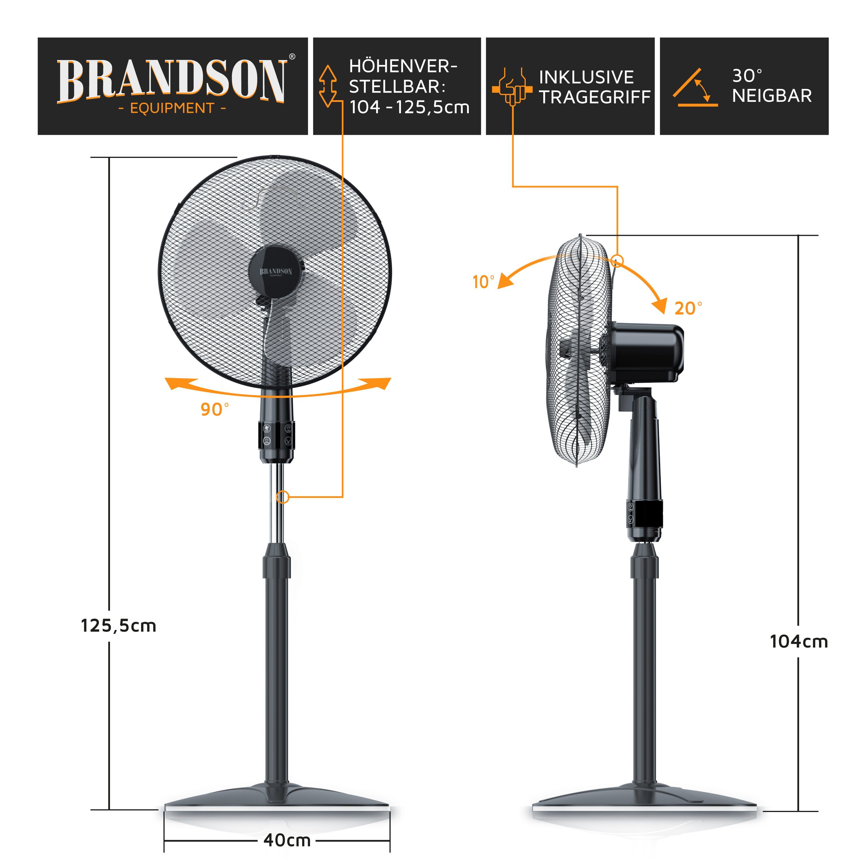 Brandson Standventilator, 40,5 cm Durchmesser, Fernbedienung, leise, Höhe & Neigung verstellbar, Oszillation, 50W