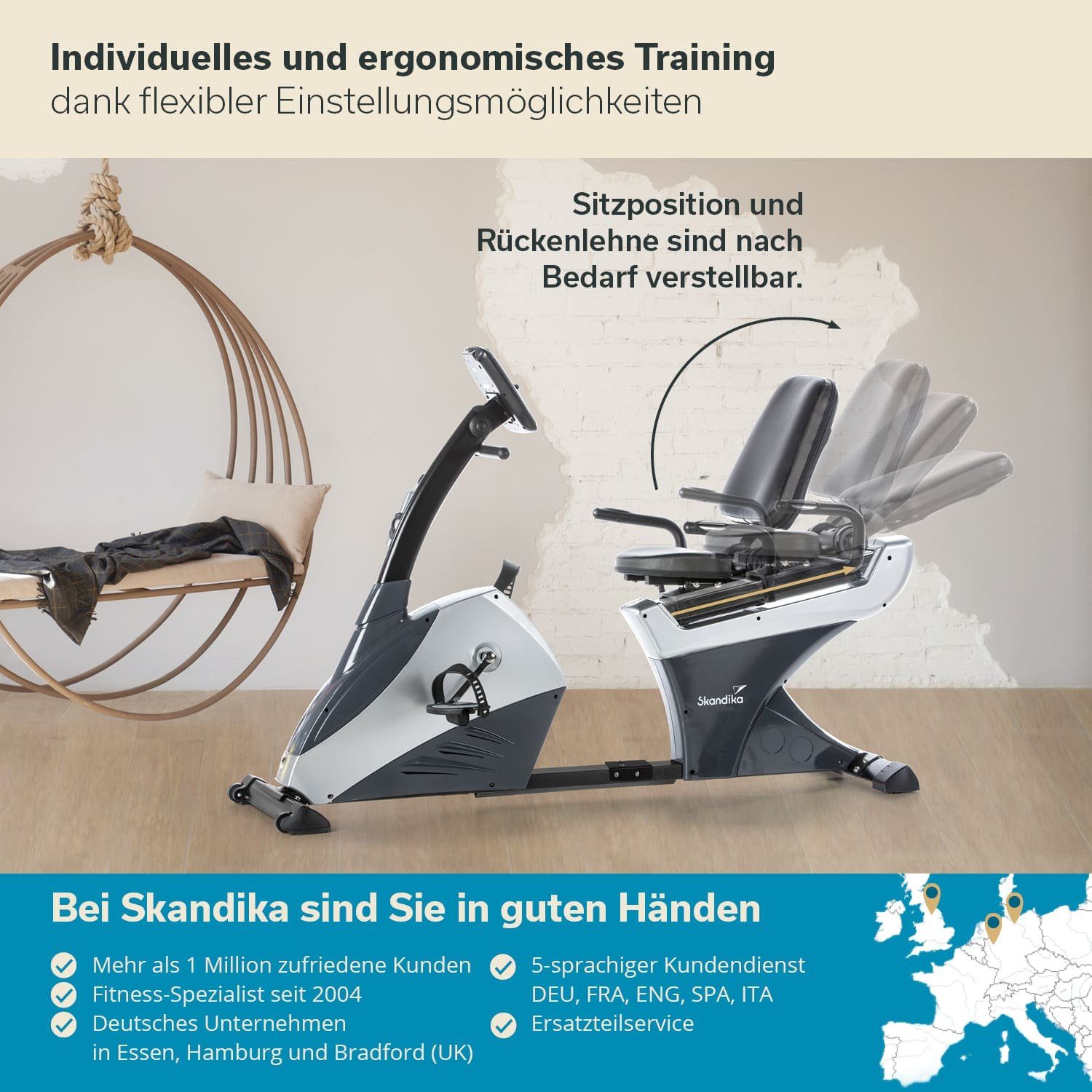 Skandika Ergometer Centaurus (Bluetooth) (schwarz/grau), Liege-Ergometer, Heimtrainer, 13kg Schwungmasse