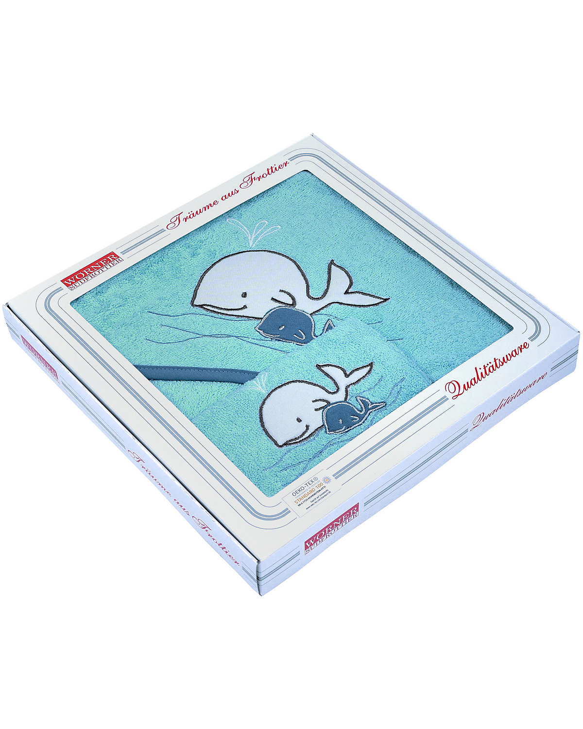 Set Kapuzen-Badetuch 80 x 80 cm & Waschhandschuh 15 x 21 cm, Walfamilie, kristallblau