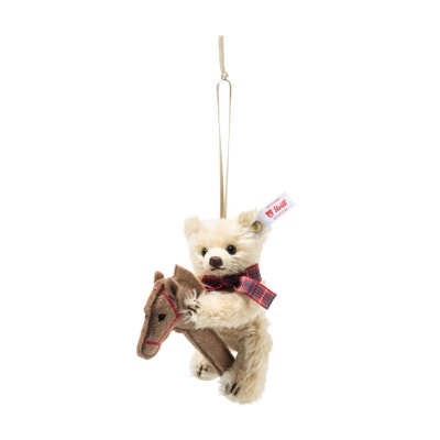 Teddybär Ornament auf Steckenpferd, 11 cm, beige