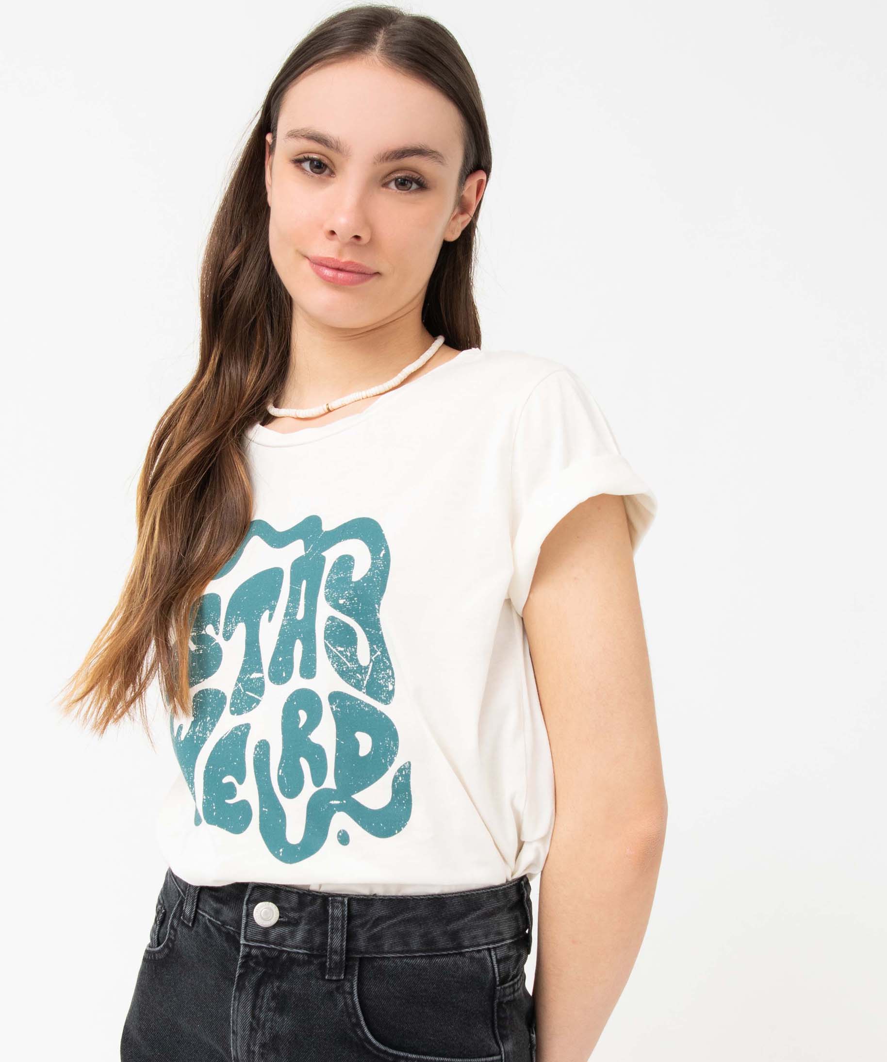 Tee-shirt femme imprimé à manches courtes ecru | GEMO
