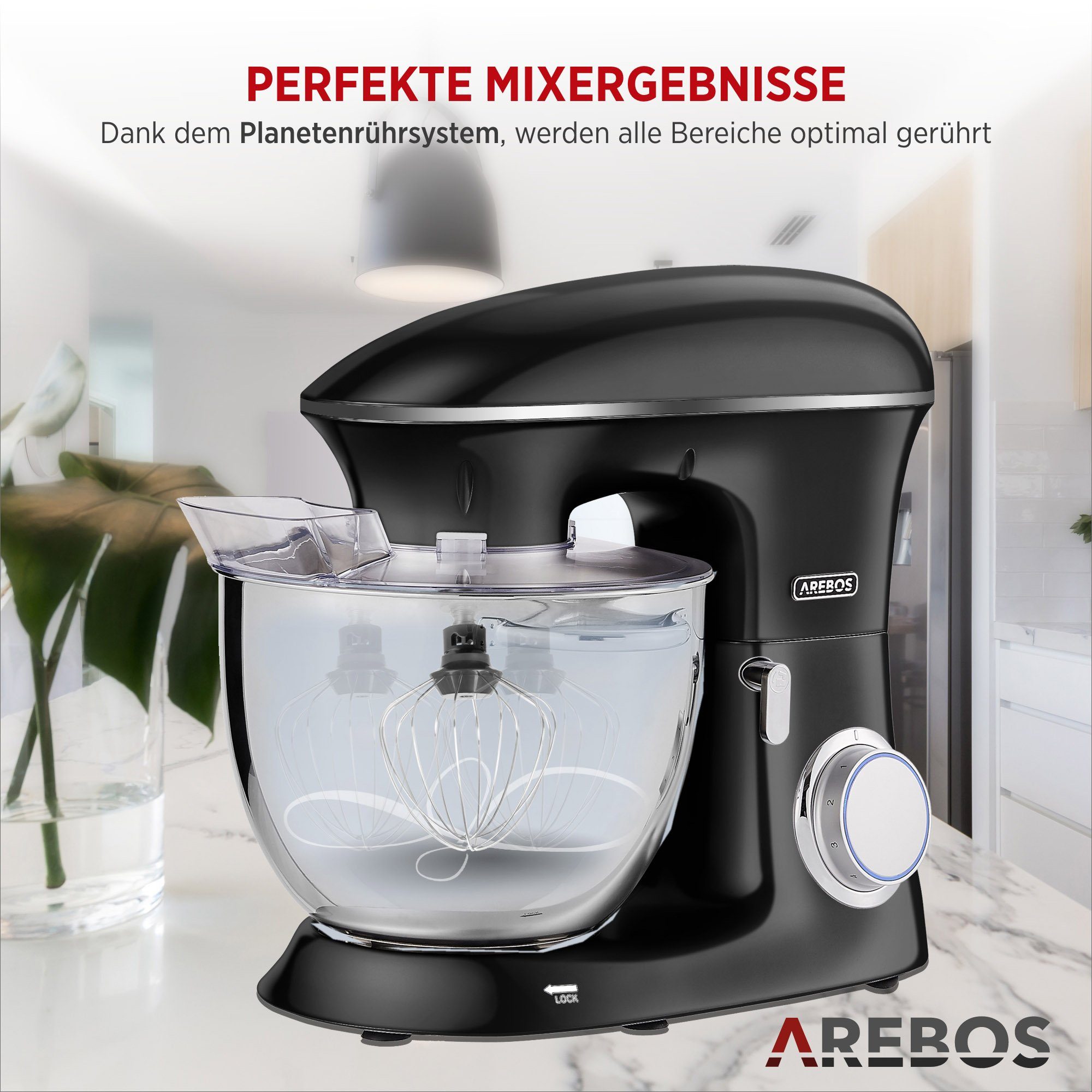 Arebos Küchenmaschine Edelstahl-Rührschüssel, 6 Geschwindigkeiten, 1500 W, 8,00 l Schüssel