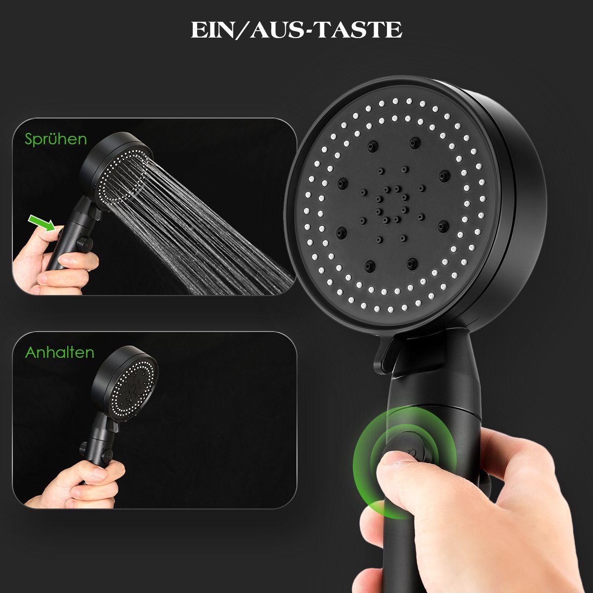 oyajia Handbrause Hochdruck Duschkopf Handbrause Sparduschkopf 5 Strahl Einstellungen, Handbrause Mit Wasserstopp-Taste, Mit Brauseschlauch 1.5m