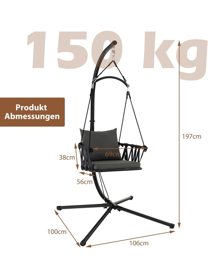 COSTWAY Hängesessel mit Gestell & Aufhängegurt bis 150kg in Grau günstig kaufen onesize