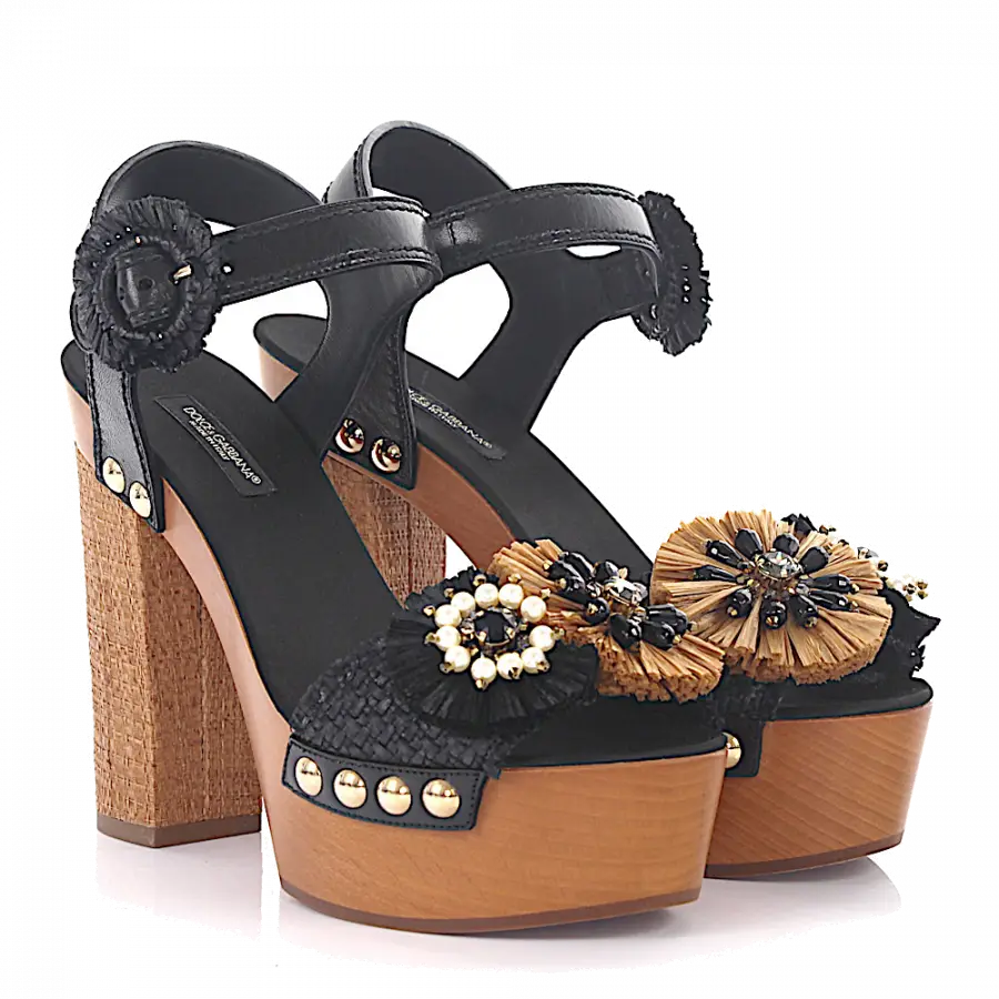 Dolce & Gabbana - Plateausandalen Nieten Schmuckstein schwarz braun - schwarz