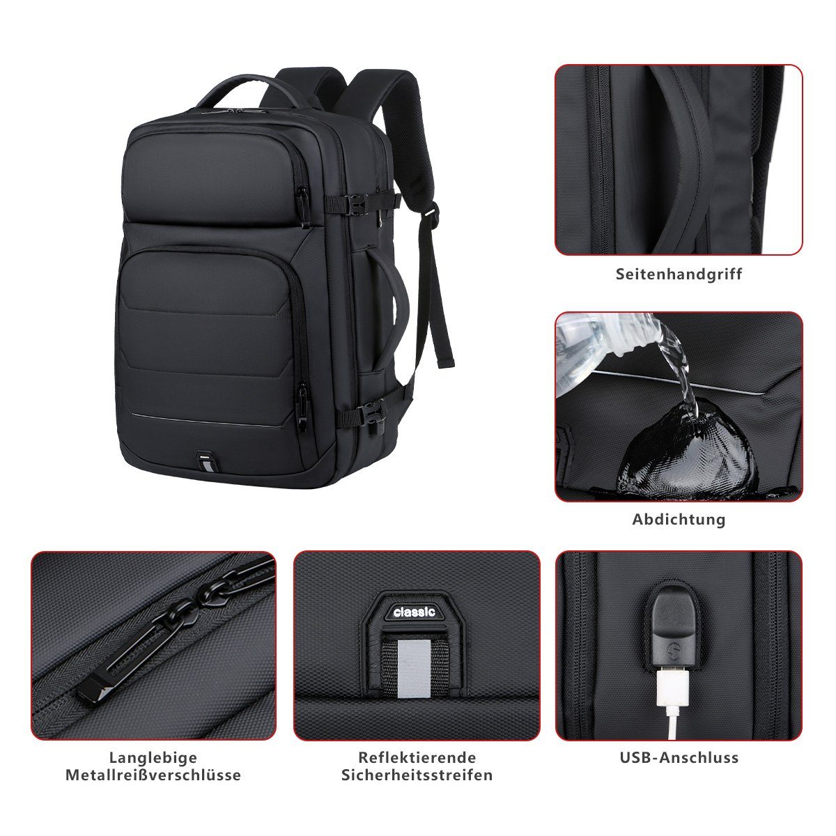 7Magic Reiserucksack Großer Erweiterbarer Laptop Rucksack Schulrucksack Laptoptasche (mit USB Ladeanschluss Anti Diebstahl Business Arbeit Reisen), für Teenager Notebook College Damen, Herren,Schwarz