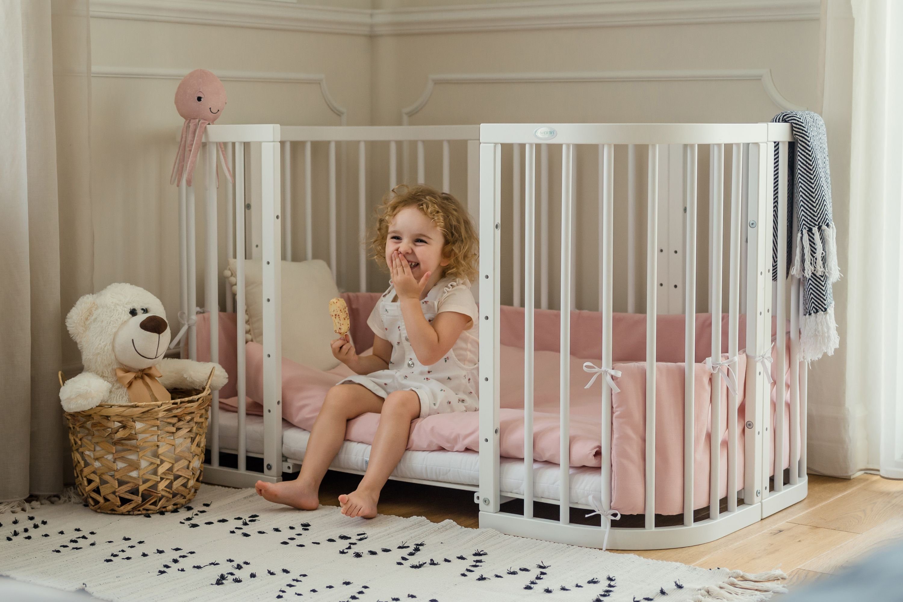 Waldin Beistellbett Mobiles Babybett aus Holz 7in1 mit Matratze, mitwachsend