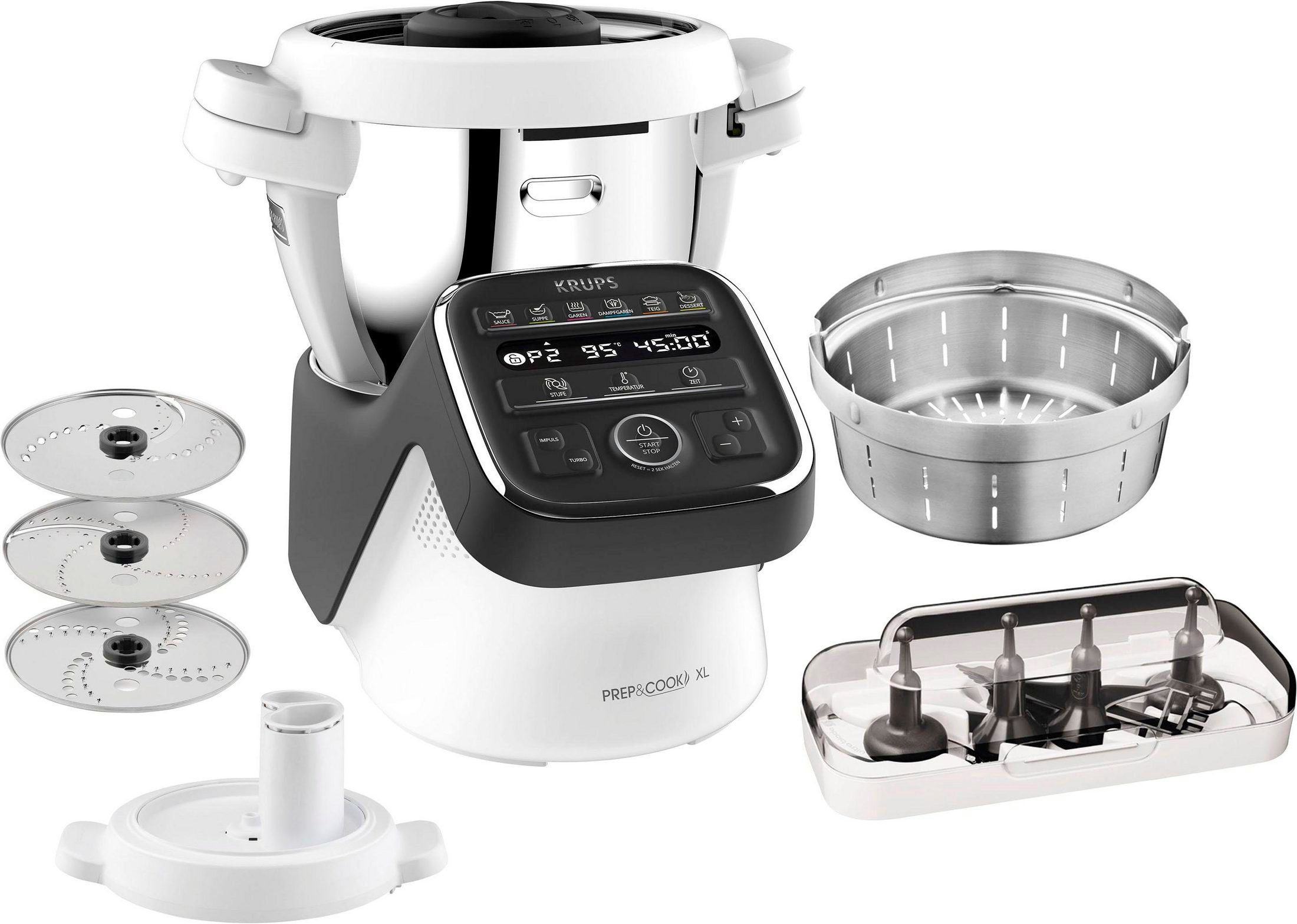 Krups Küchenmaschine mit Kochfunktion HP50A8 Prep&Cook XL, 1550 W, 4,5 l Schüssel, 6 Zubehöre + Schnitzelwerk, 30°C bis zu 150°C, Buch mit 300 Rezepten