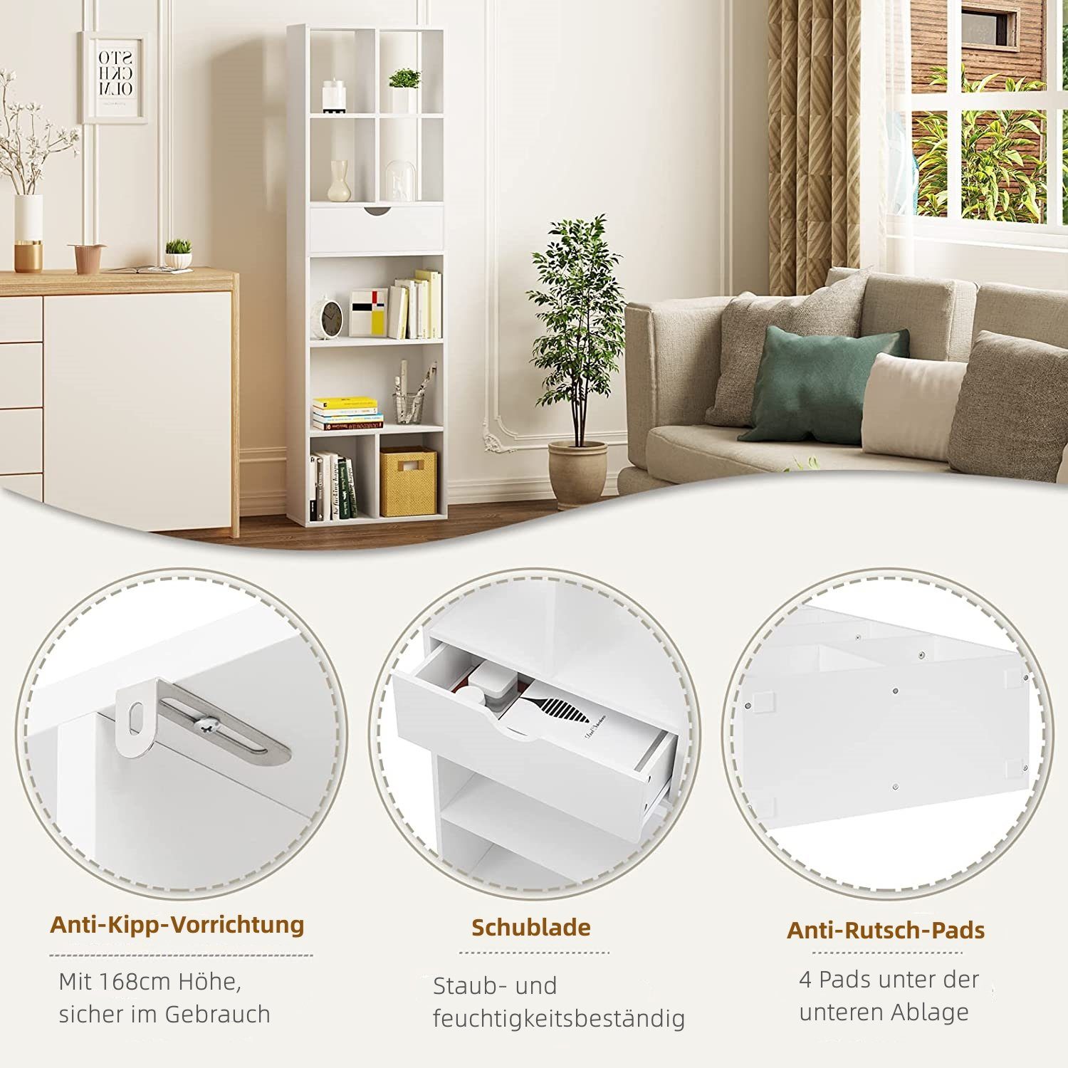 EUGAD Bücherregal, 1-tlg., Standregal mit Schublade, für Wohn-/Schlafzimmer