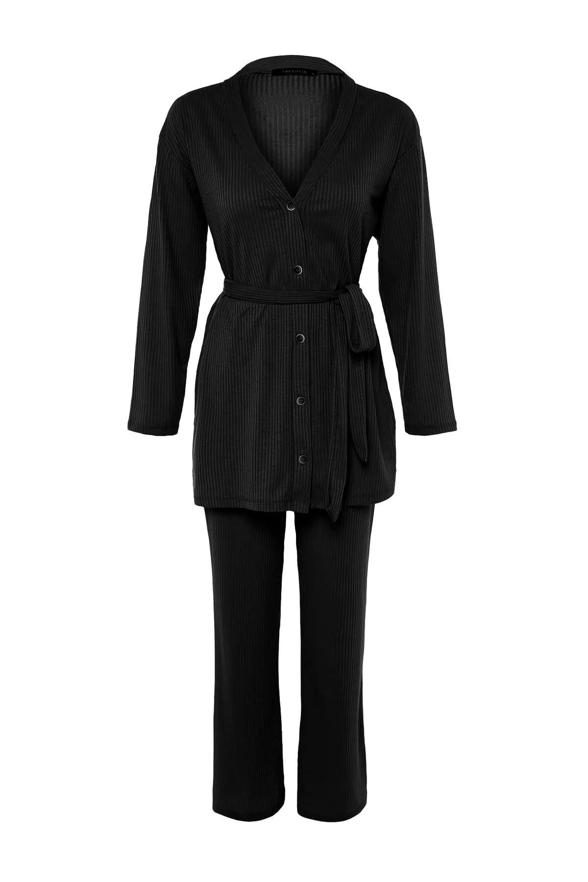 Trendyol Modest  Schwarzes Strick-Tunika-Hosen-Set mit Bindedetail vorne TCTSS23US00003