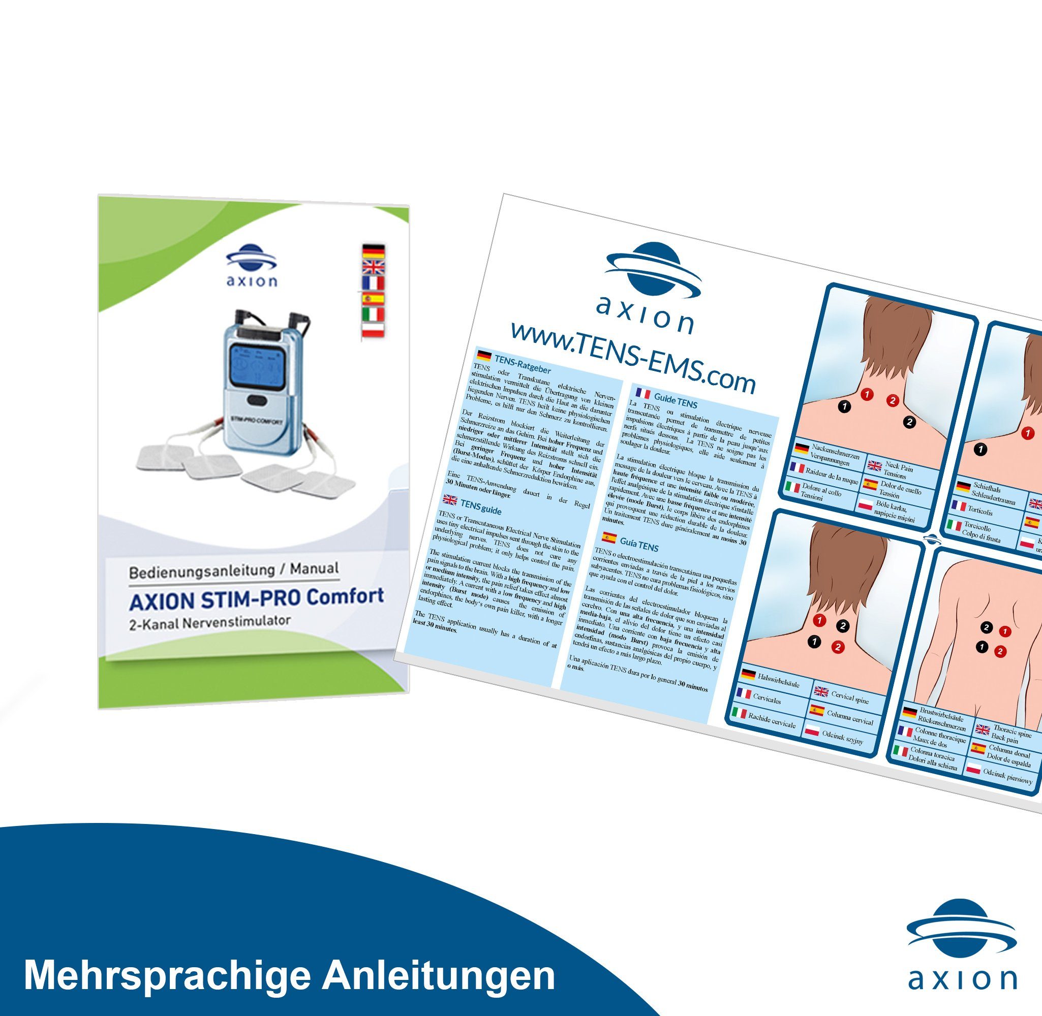 Axion TENS-Gerät 2 Kanal TENS Gerät STIM-PRO COMFORT gegen Schmerzen, (Set), zur Schmerzbehandlung, Schmerztherapiegerät, Reizstrom