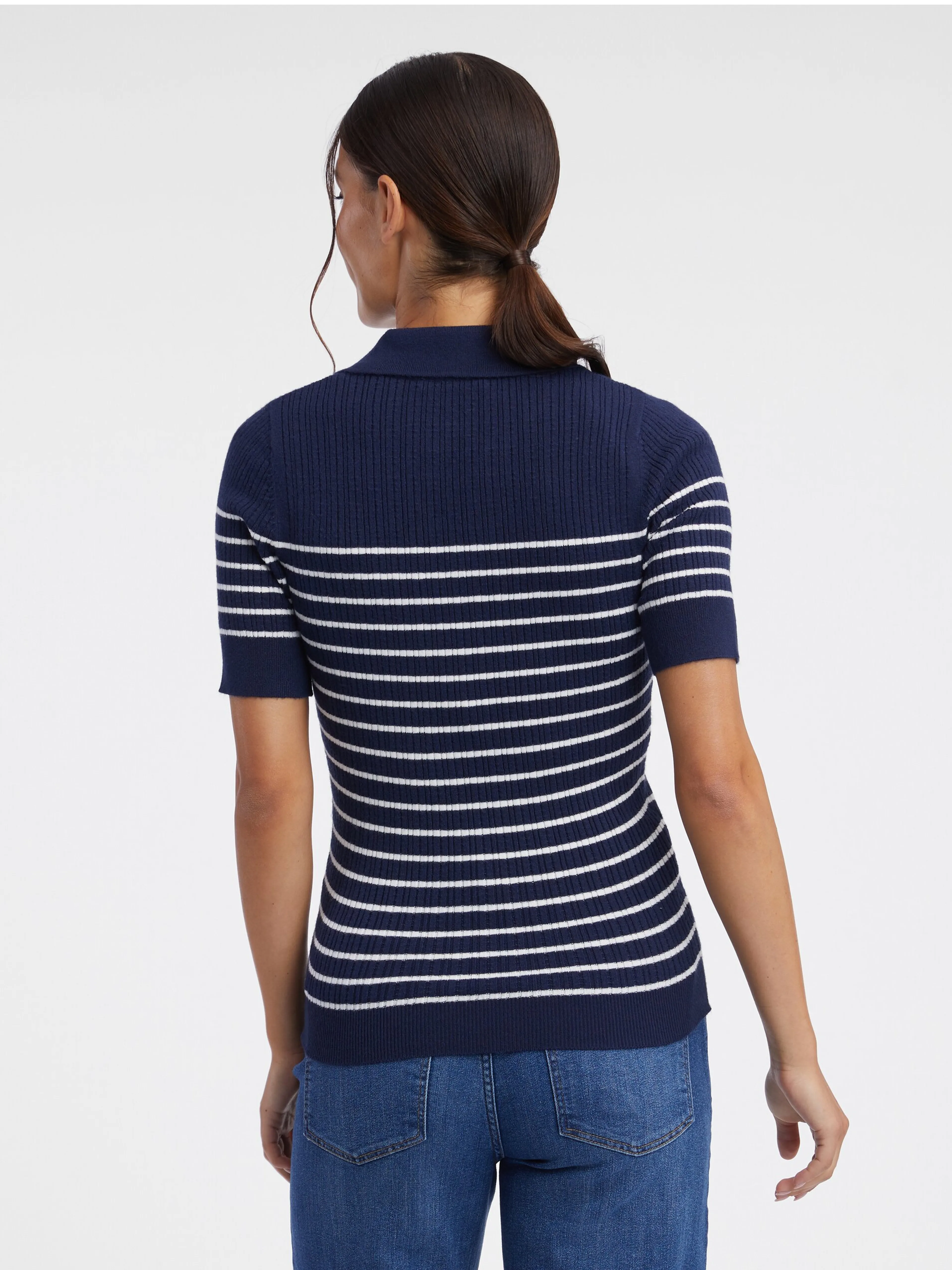Dunkelblaues gestreiftes Damen-Strick-Poloshirt ORSAY