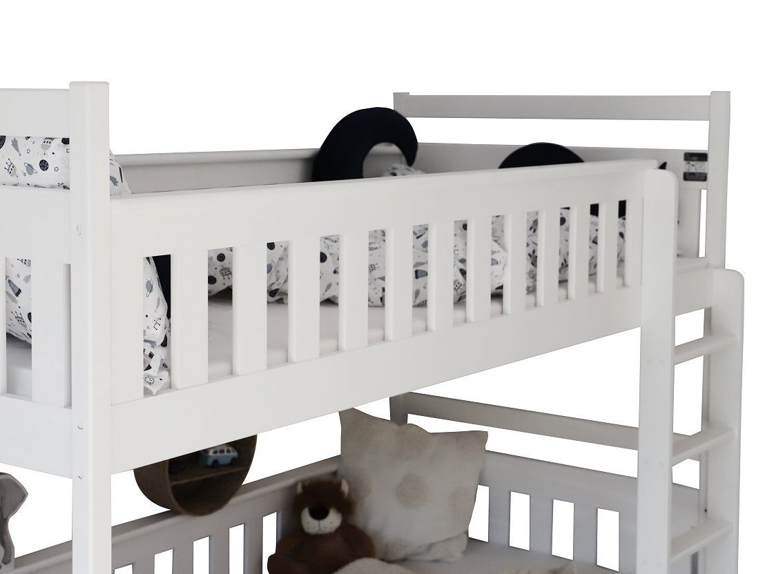 Deine Möbel 24 Etagenbett Hochbett Kinderbett für 2 Kinder EMMA 80x180 90x200 Weiß (mit abnehmbarem Rausfallschutz, 2 Schubladen, in 2 Betten umbaubar), wahlweise mit Matratzen, aus Massivholz Vollholz, incl. Lattenrost