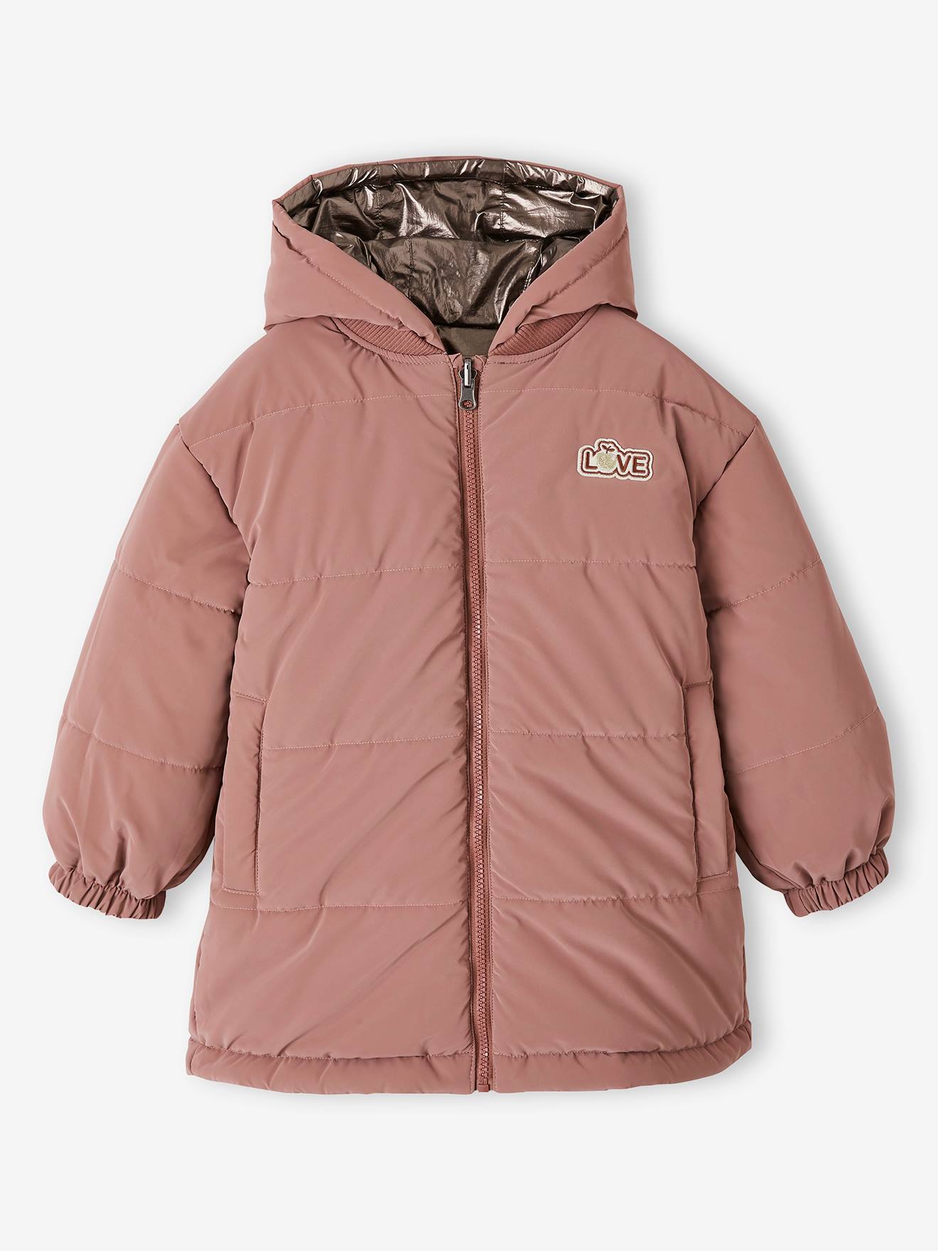 Parka à capuche réversible effet métallisé ou doudoune fille argent