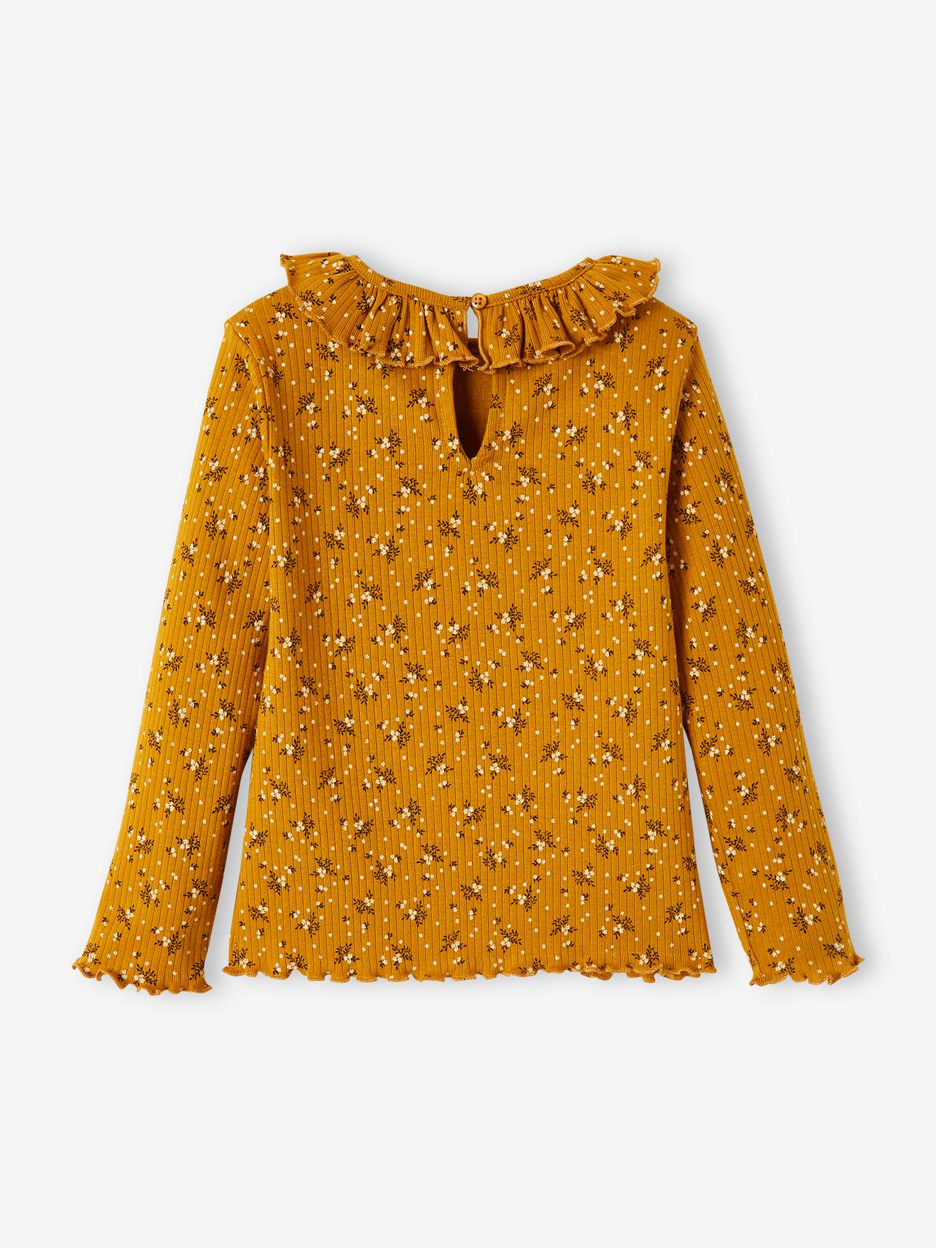 Vertbaudet Mädchen Shirt aus Rippenjersey, Blumen Oeko-Tex - senfgelb