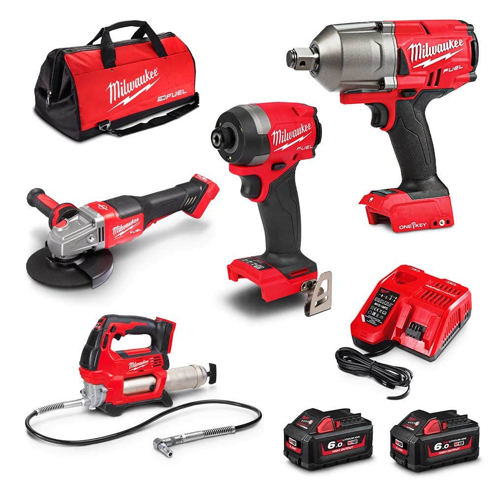 Kit Combinado MILWAUKEE FUEL™ 18V de 4 Peças com 2 Baterias de 6,0 Ah M18FPP4K3602B