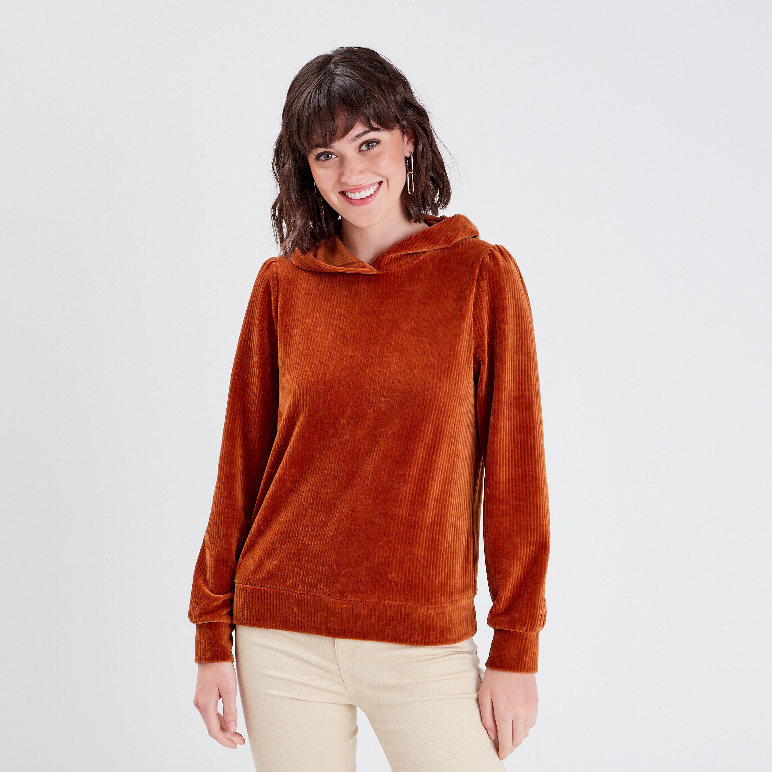 Sweat velours côtelé à capuche marron femme | Cache Cache