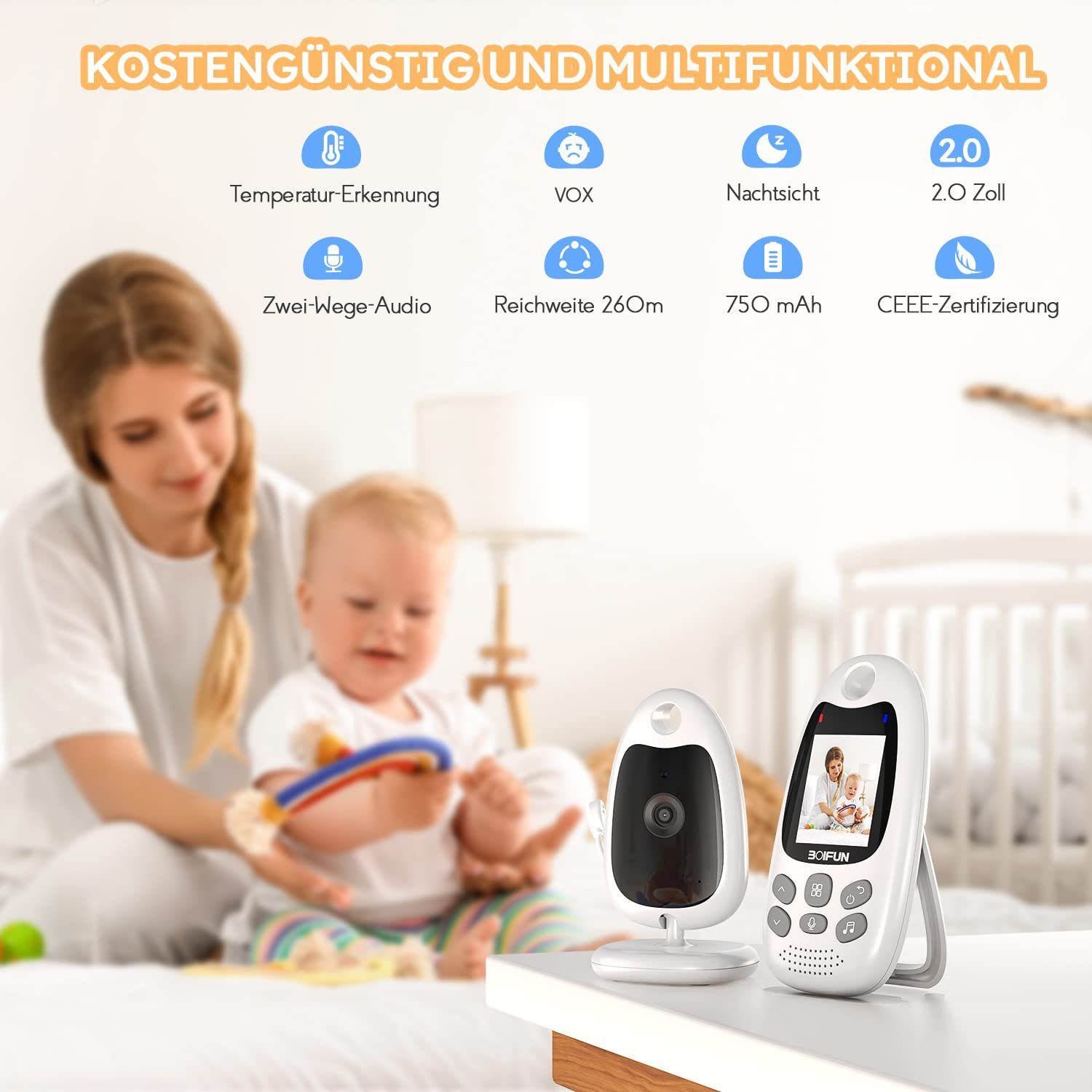 Boifun Babyphone Babyphone mit Kamera Tragbares Vox-Funktion mit Halterung, Temperatursensor Nachtsicht-Video-Babyfon 2,4 Ghz, Intelligentes Standby Baby Monitor, Gegensprechanlage Schlaflieder Lange Akkulaufzeit