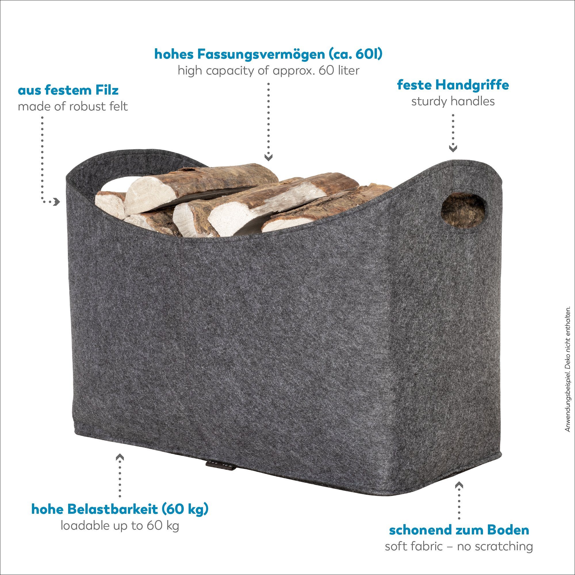 RUBBERNECK Kaminholzkorb Filztasche XL für Holz, Zeitungen, Kaminholz - Filztasche 54x30x39 cm