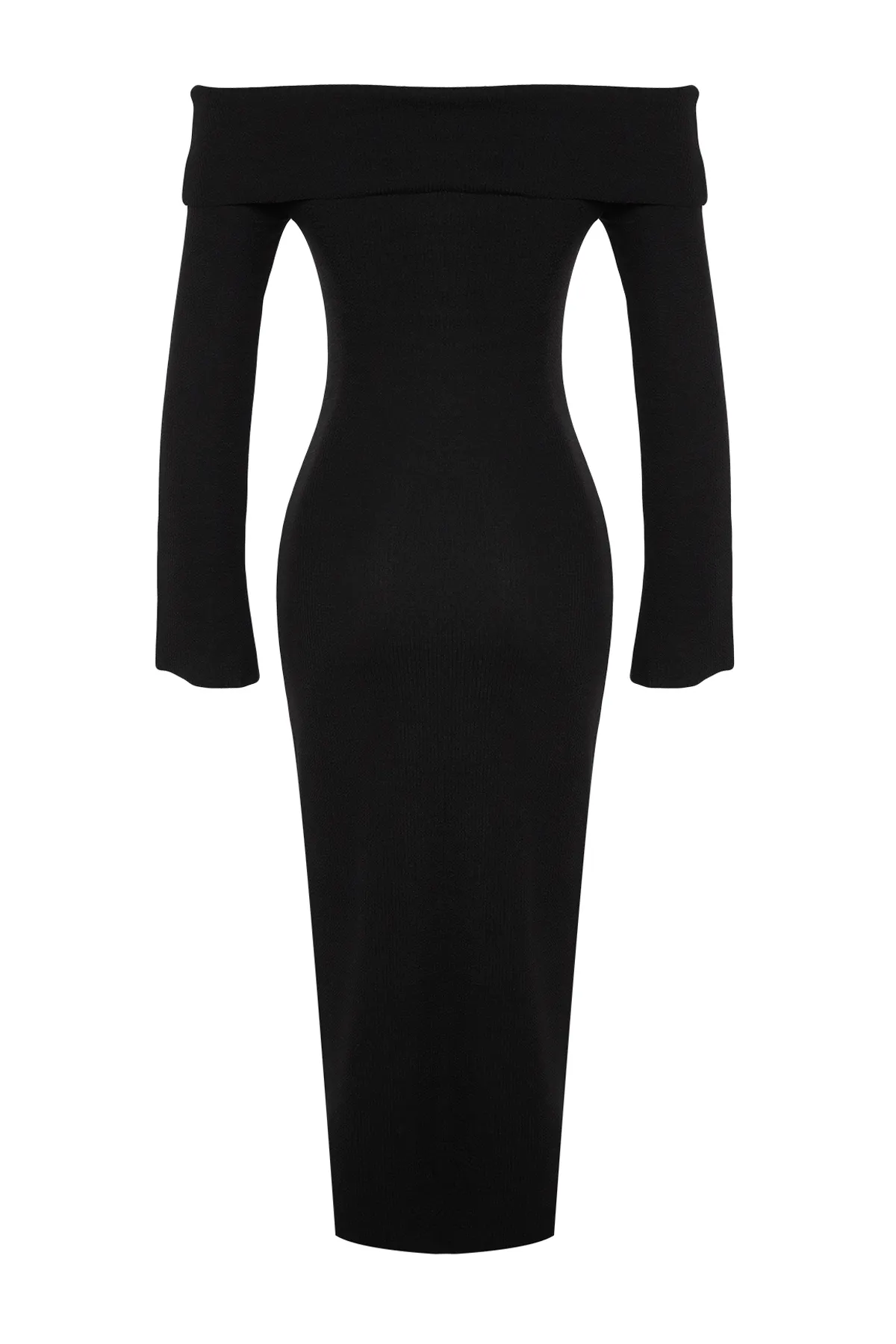Trendyol Collection  Schwarzes tailliertes/tailliertes Carmen-Kragen-Midi-Bleistiftkleid aus flexiblem Strick mit weicher Struktur TWOAW24EL00803
