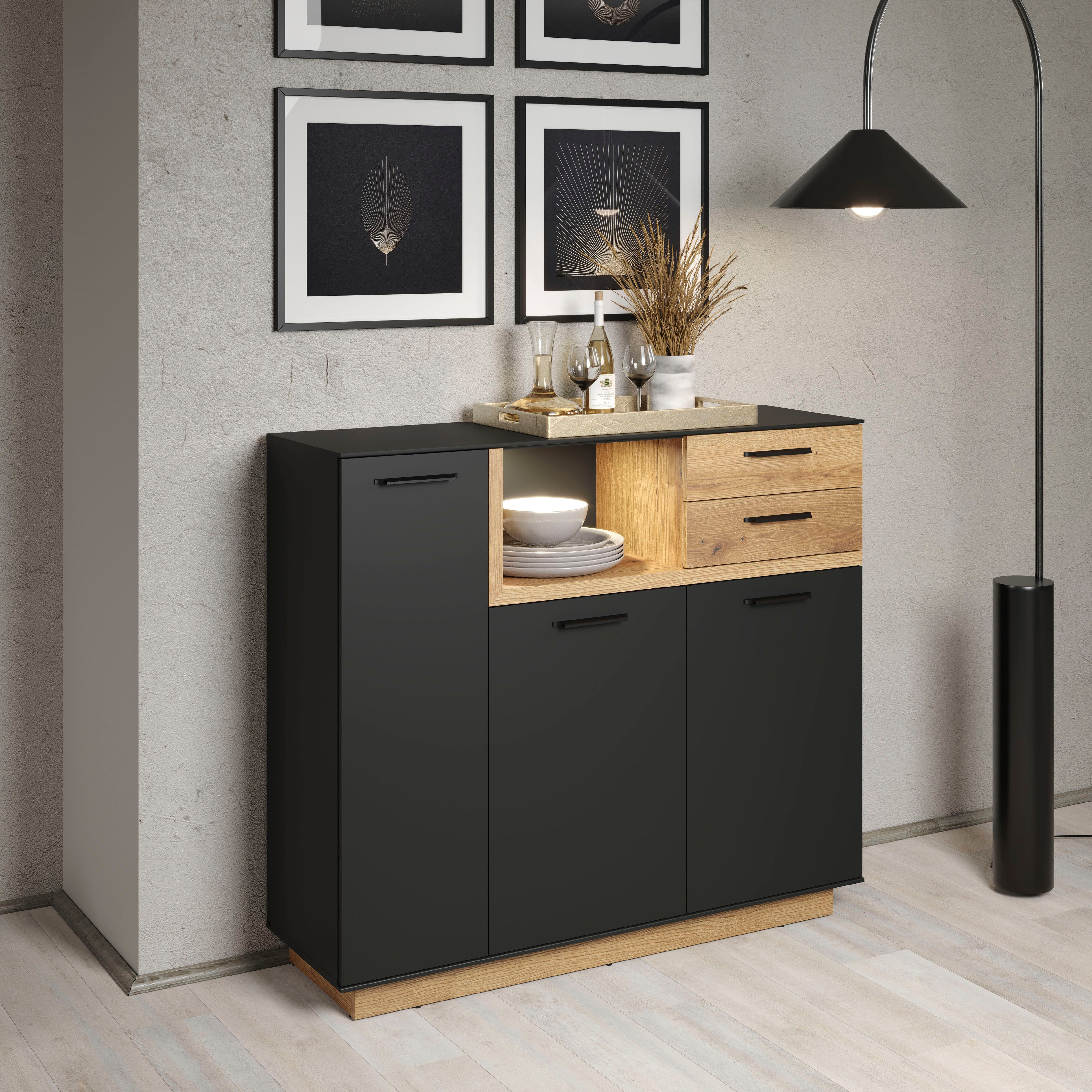 INOSIGN Highboard Premont (1 St), ca. 128 cm breit, zweifarbiger Schrank, moderne Eiche, stehend