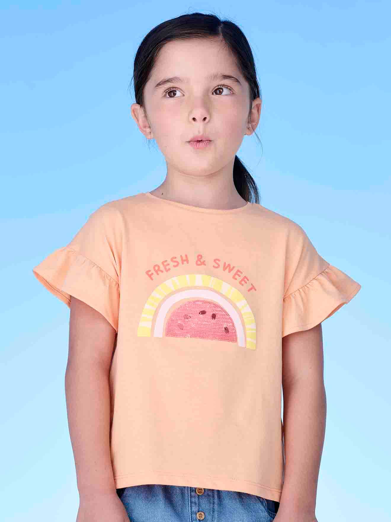 Vertbaudet Mädchen T-Shirt mit Pailletten Oeko-Tex - wollweiß