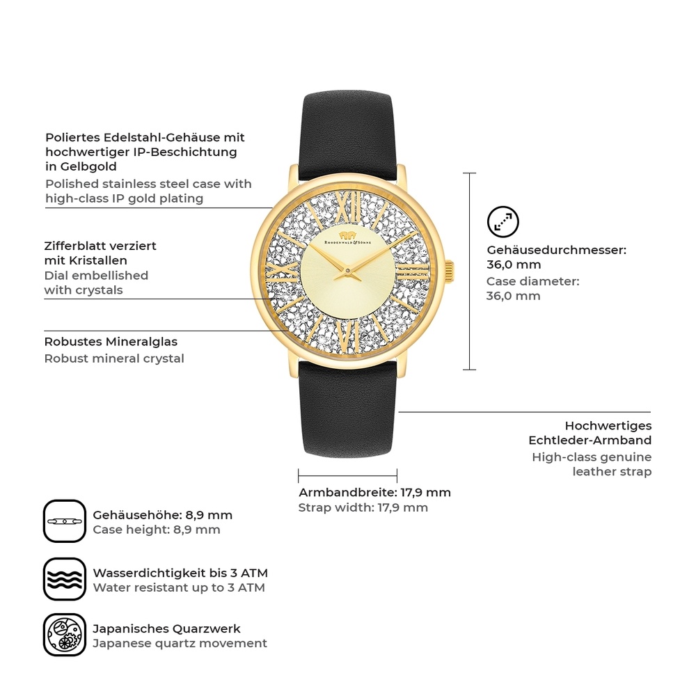 Rhodenwald & Söhne Montre à quartz Pamina en Or jaune Cuir véritable en Noir Montre