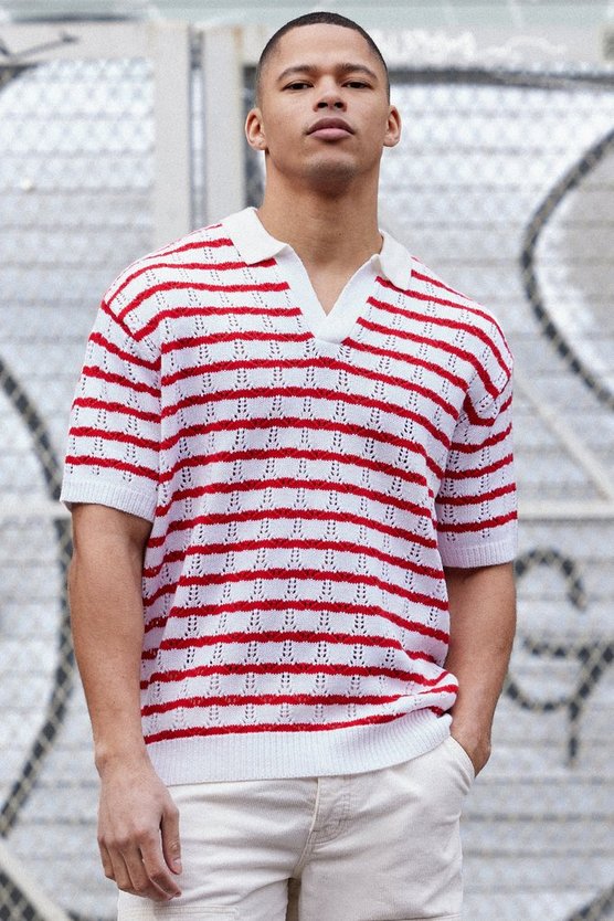 Kurzärmliges gehäkeltes Oversize Poloshirt mit Streifen