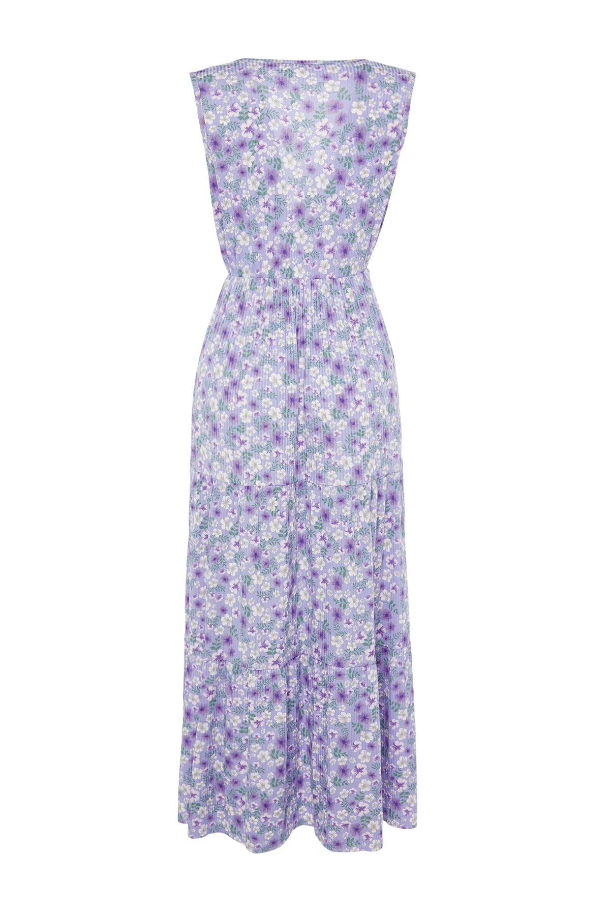 Trendyol Collection  Lilafarbenes, blumengemustertes, ärmelloses Maxi-Strickkleid in A-Linie mit V-Ausschnitt TWOSS22EL1588