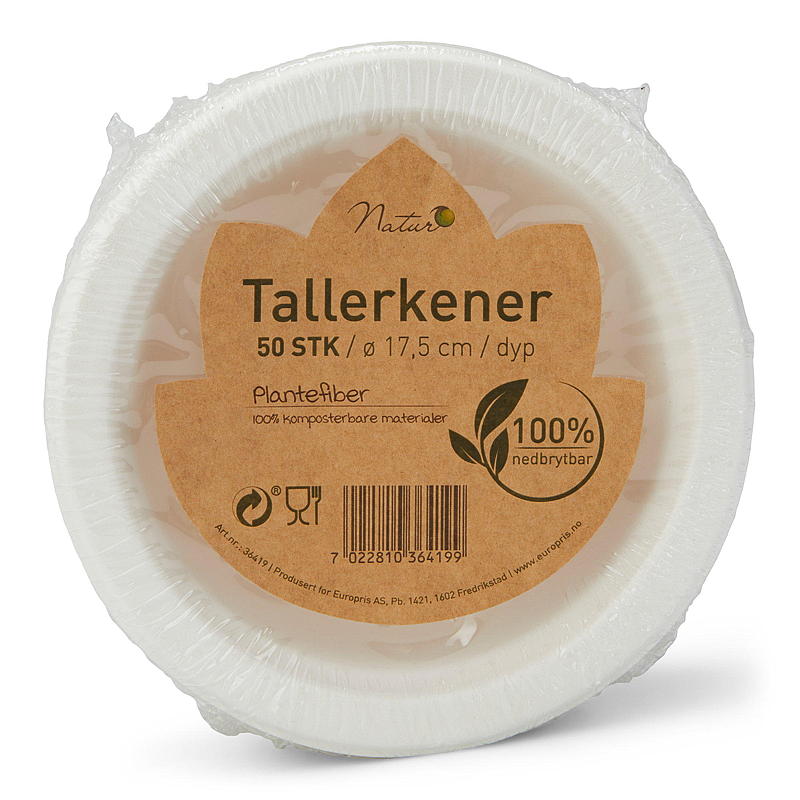 Natur Engangstallerken 50-pk Dyp, 100% nedbrytbar