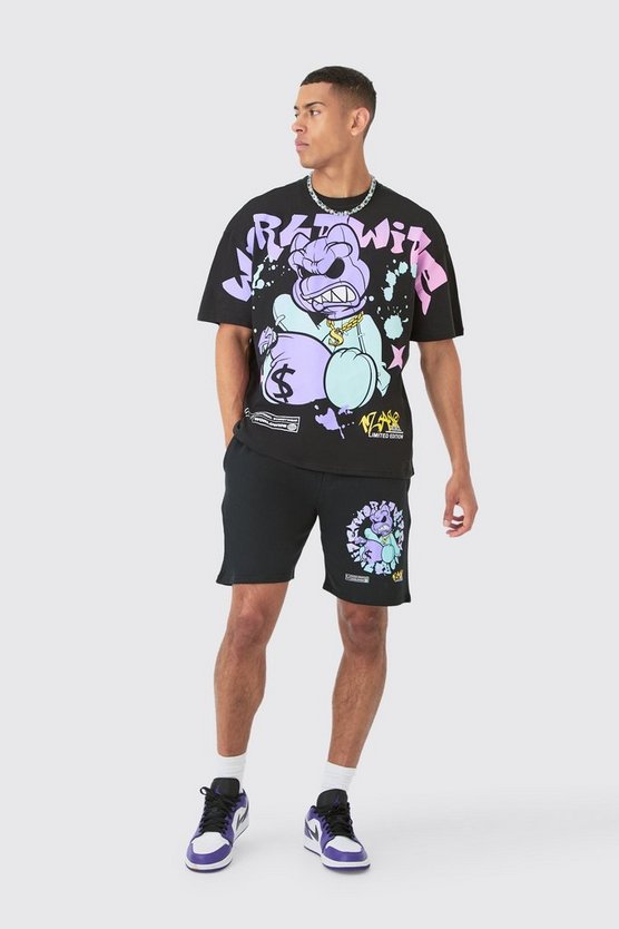 Oversize Shorts-Set mit Teddy-Print