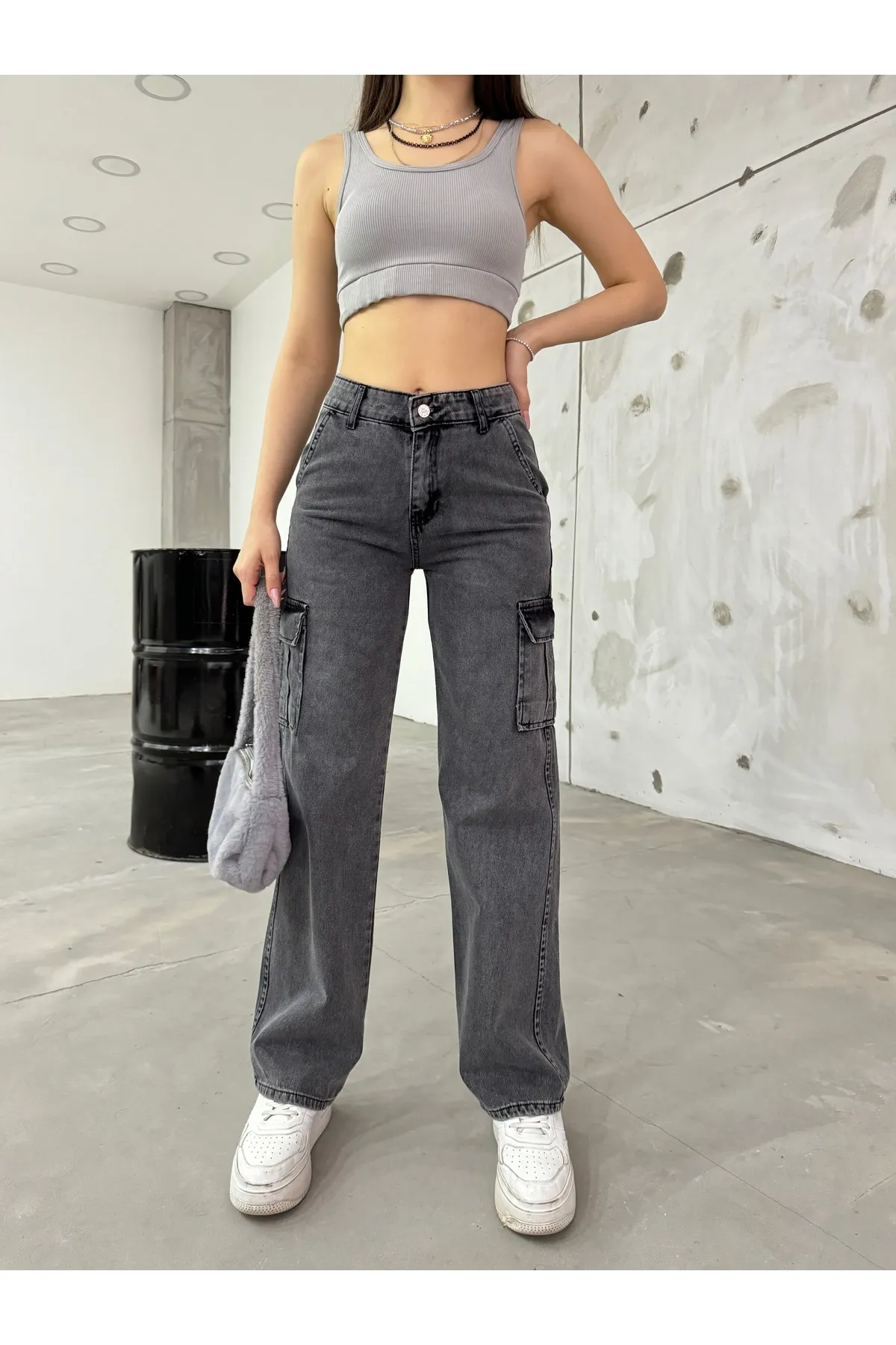 BİKELİFE  Geräucherte Damen-Cargohose mit hoher Taille und weitem Bein