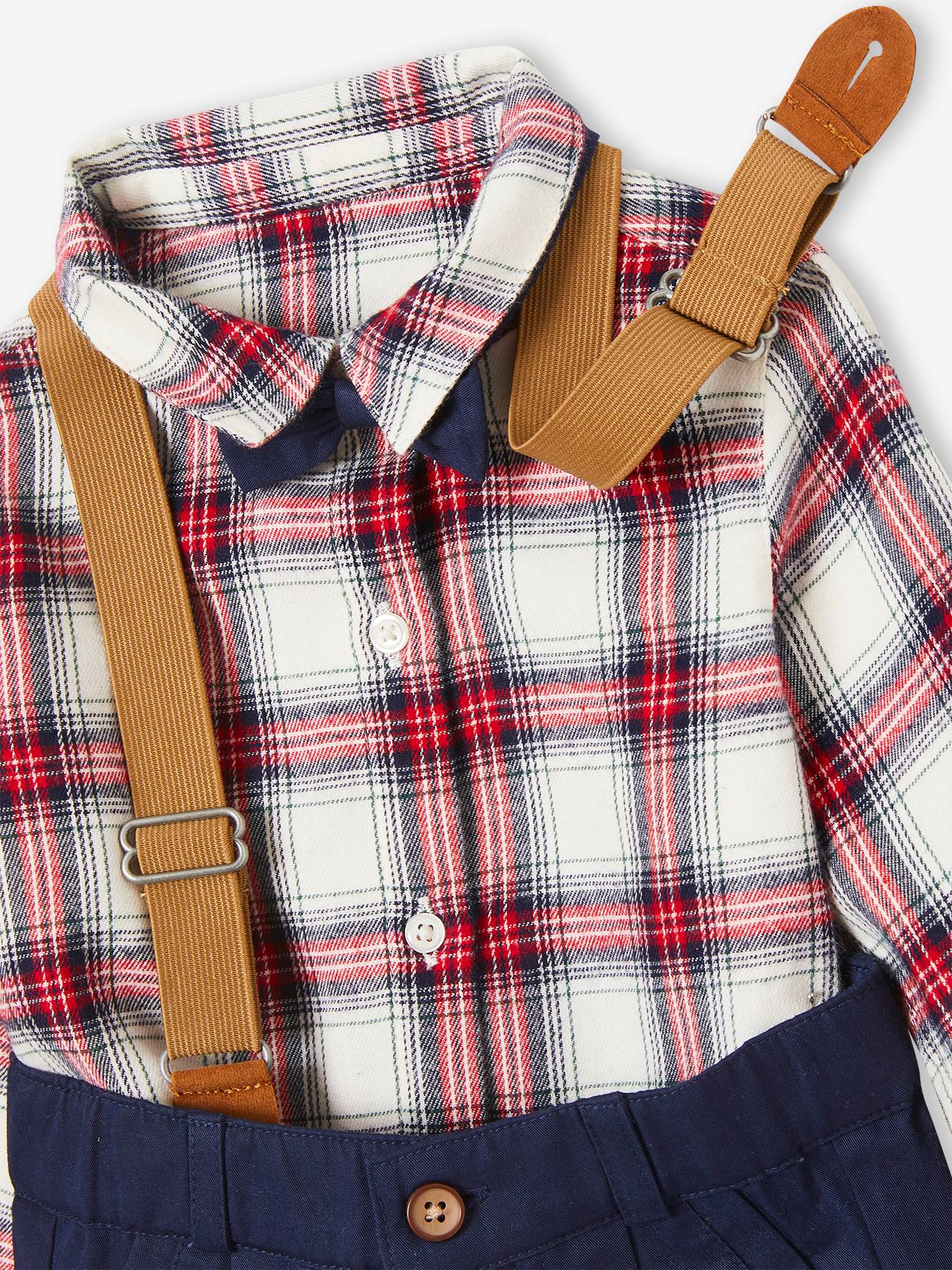 Ensemble bébé chemise + pantalon à bretelles + noeud papillon écru