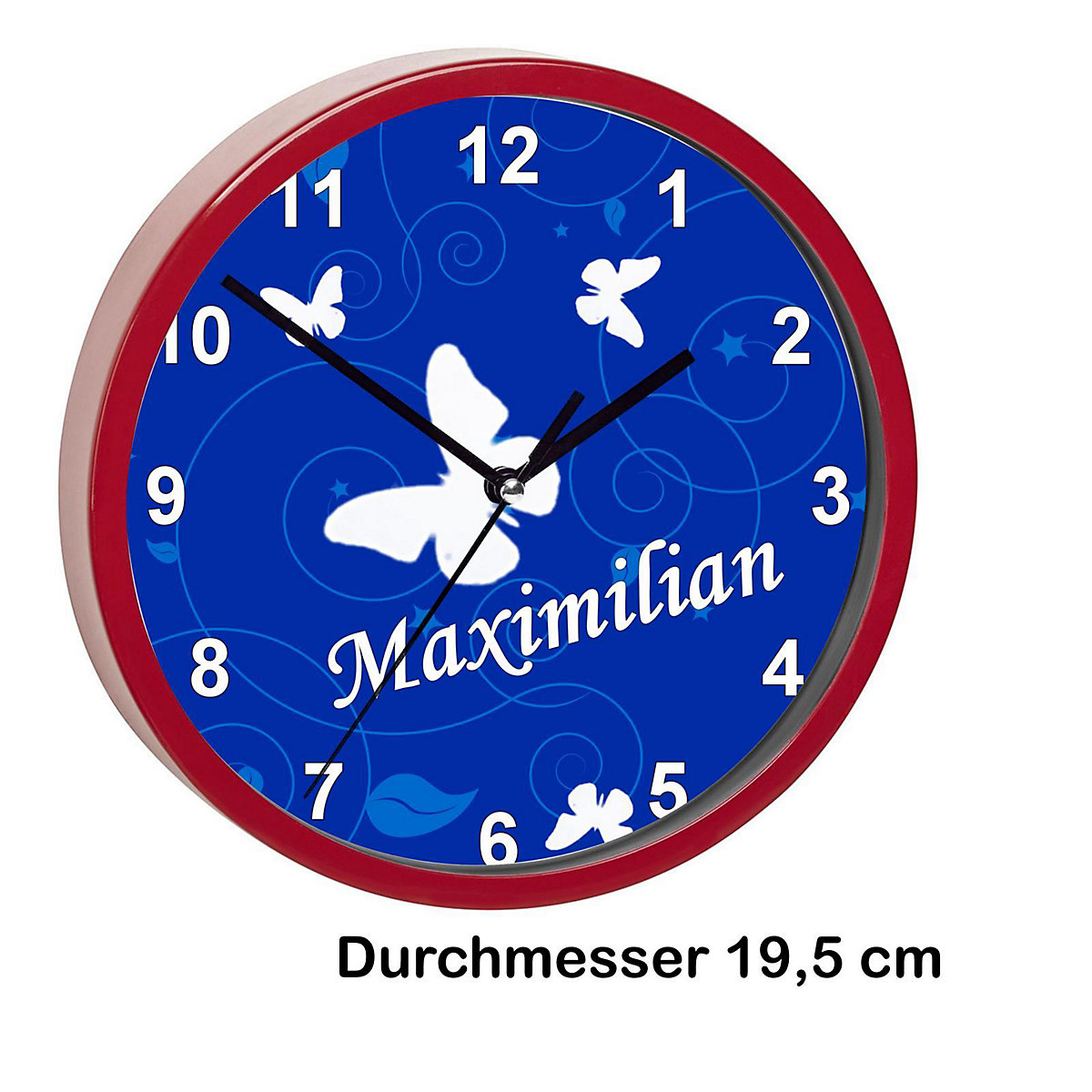 Kinder Wanduhr personalisiert mit Name Schmetterling Ornamente blau