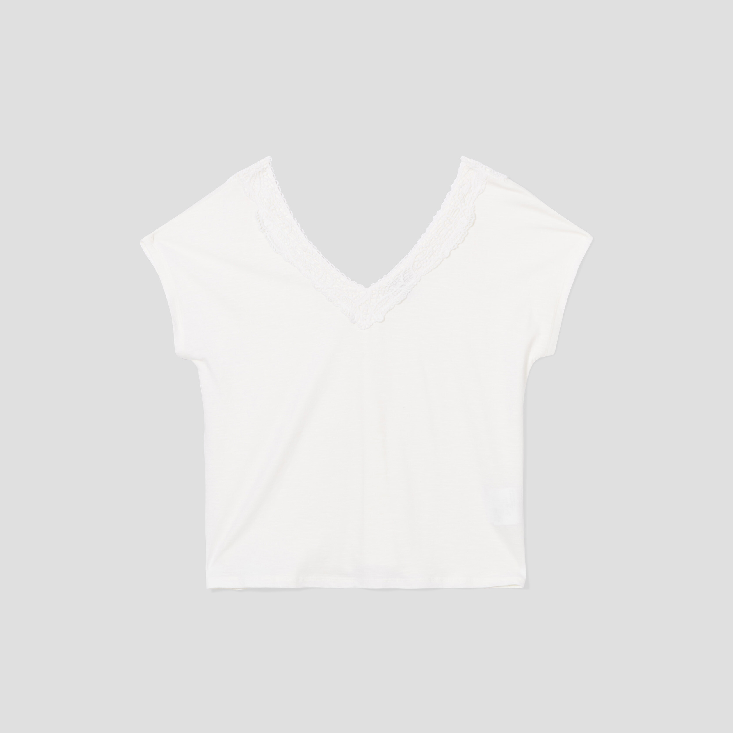 T-shirt col V macramé manches courtes blanc femme | La Halle