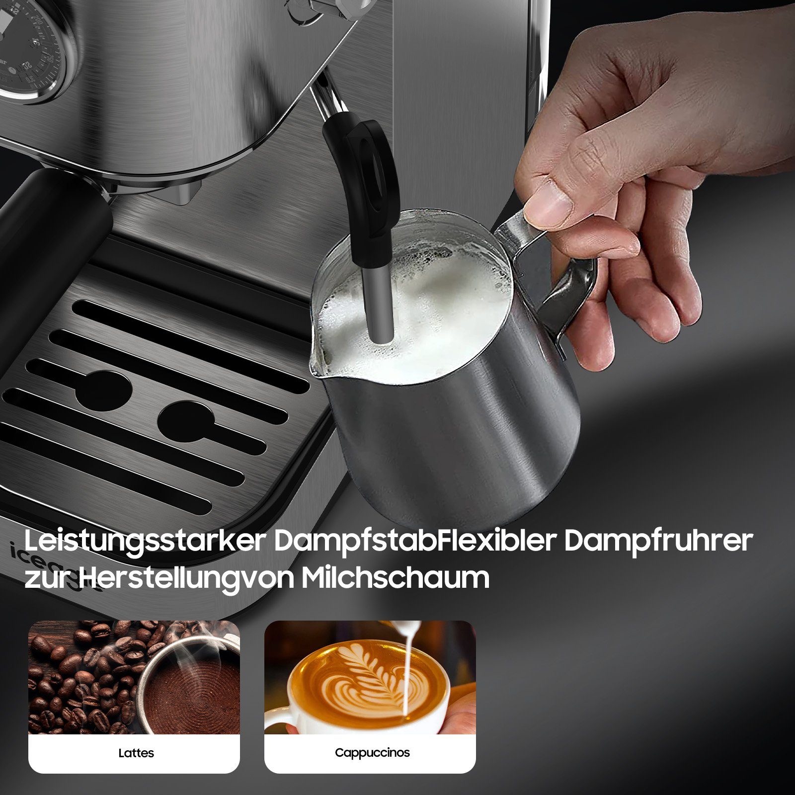 Aoucheni Espressomaschine Programmierbare,Zerkleinerer,1400W,Visuelles Manometer, Korbfilter, schnell 1-2 Tassen,mit Profi-Milchaufschäumer,20 Bar Hochdruckpumpe